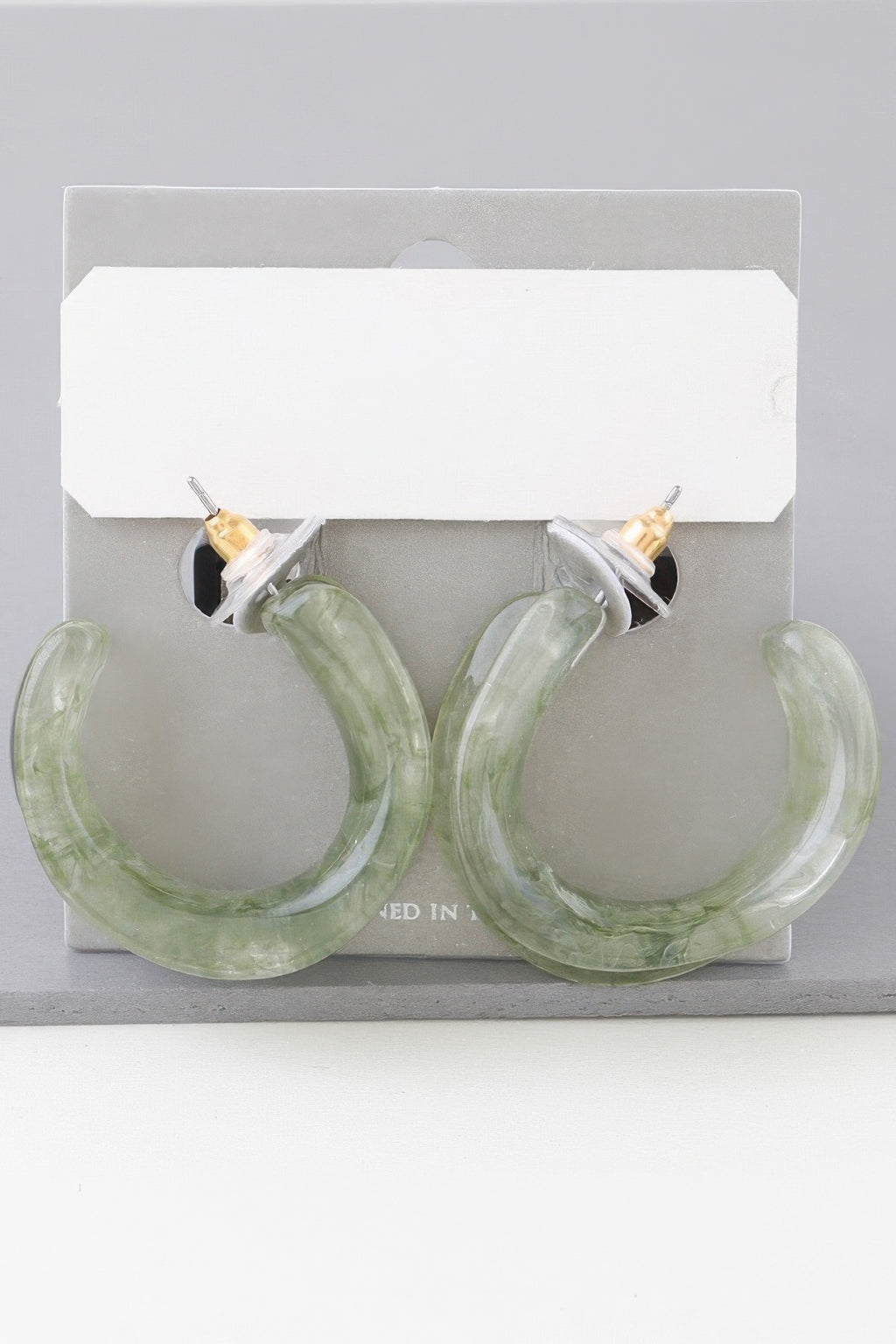 Green marble stone hoop earrings, open C-shape, gold-tone posts