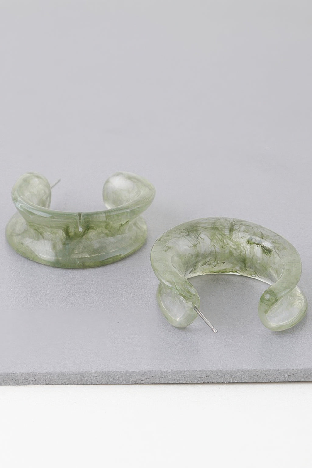 Light green marble stone hoop earrings, open C-hoop, silver posts
