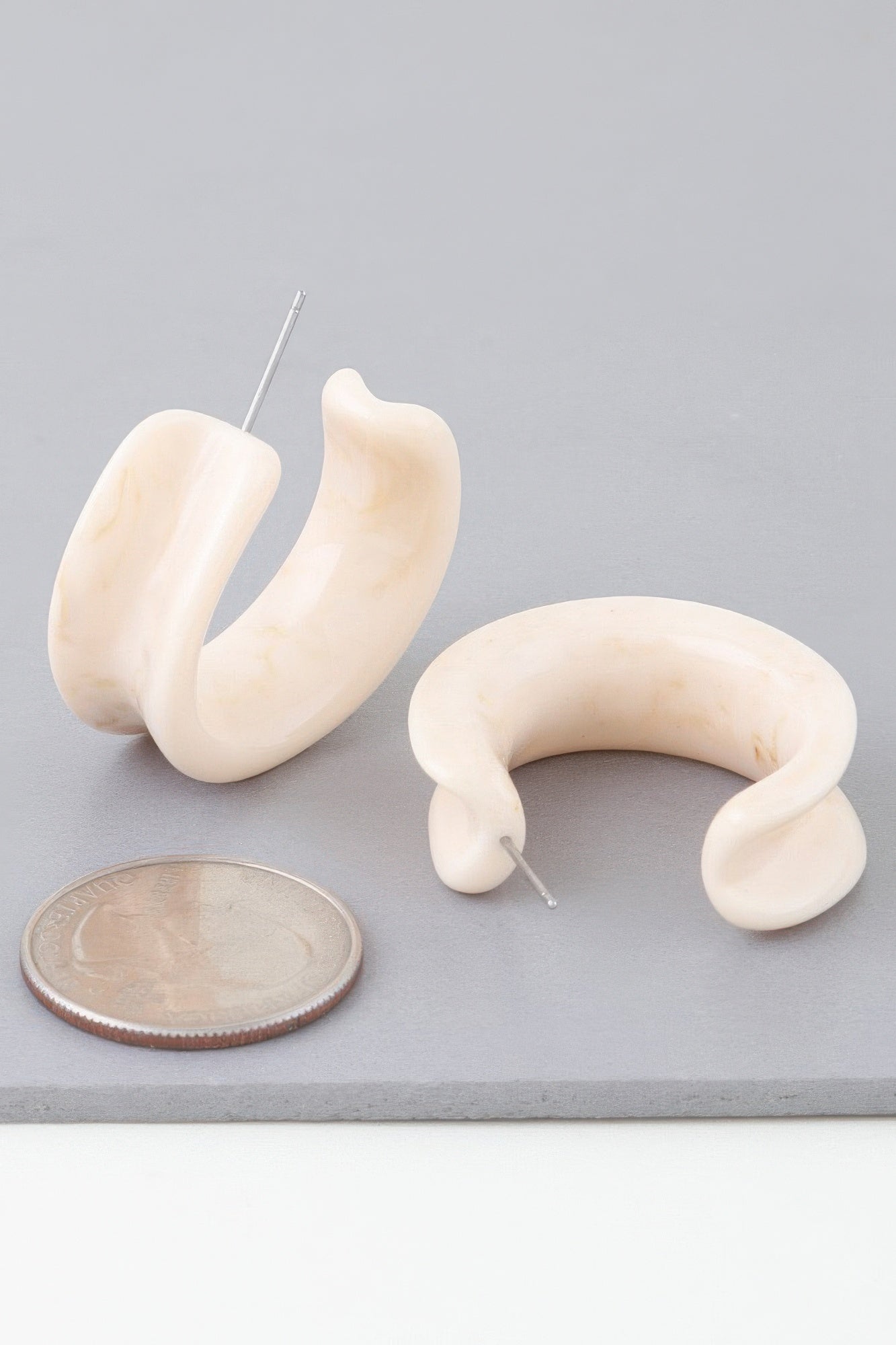 Ivory marble stone hoop earrings, oversized open C-hoop, silver posts
