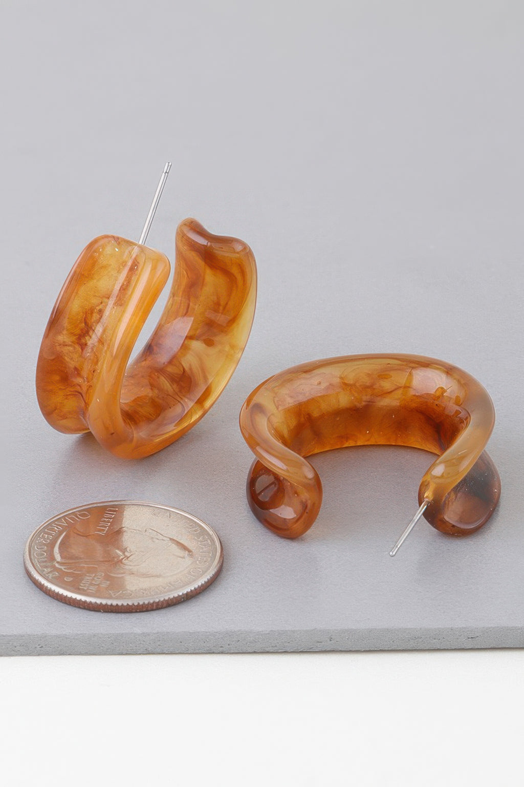 Brown marble stone hoop earrings, oversized open C-hoop, silver posts