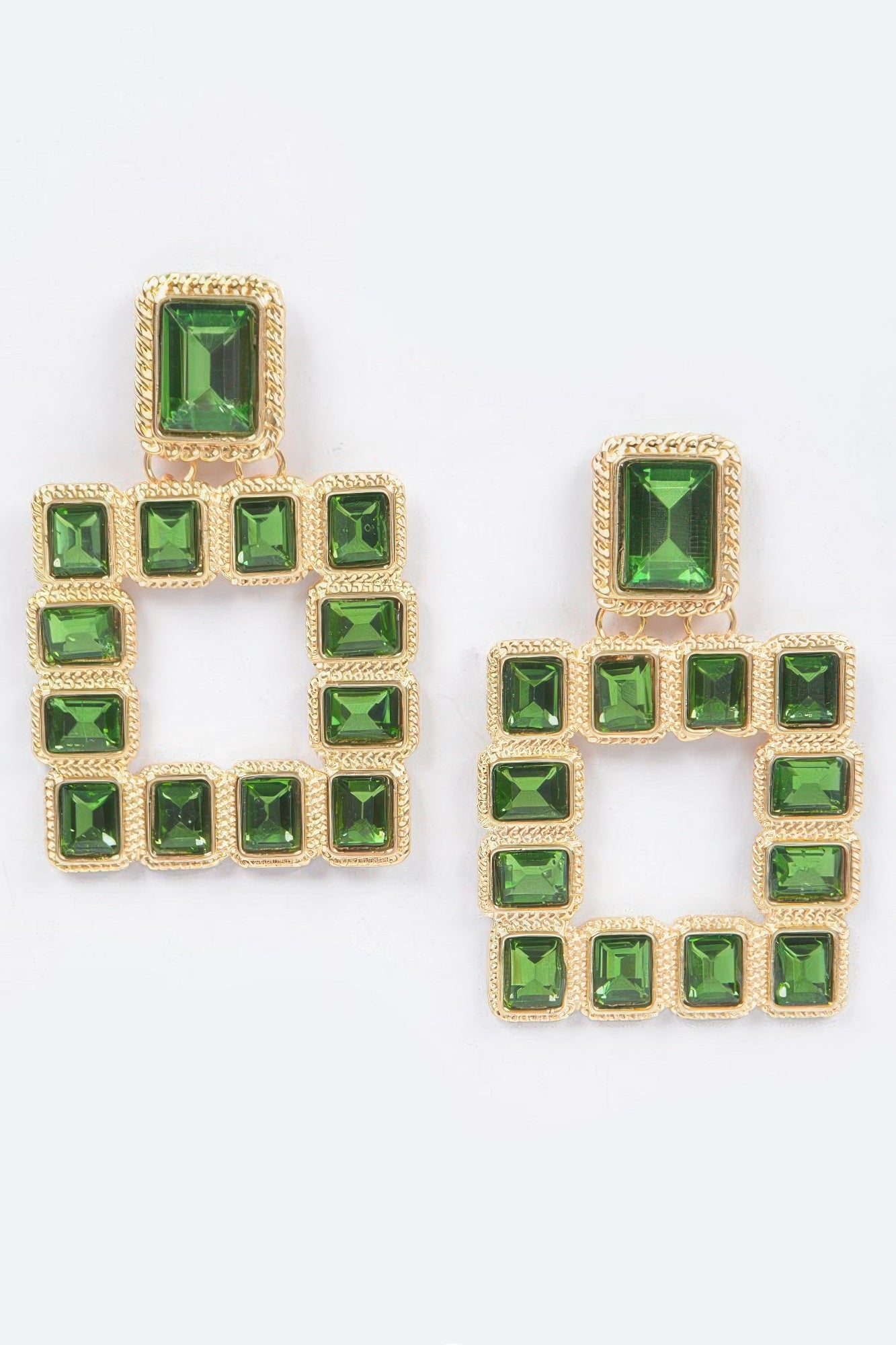 Multi Square Gemstone Earrings, gold-tone frame with green square stones