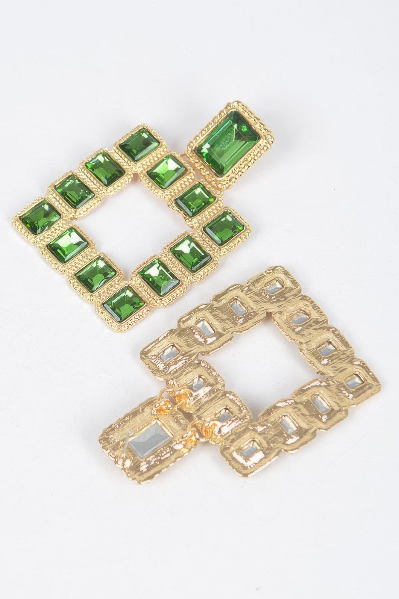 Multi Square Gemstone Earrings, gold-tone frame with dark green square stones