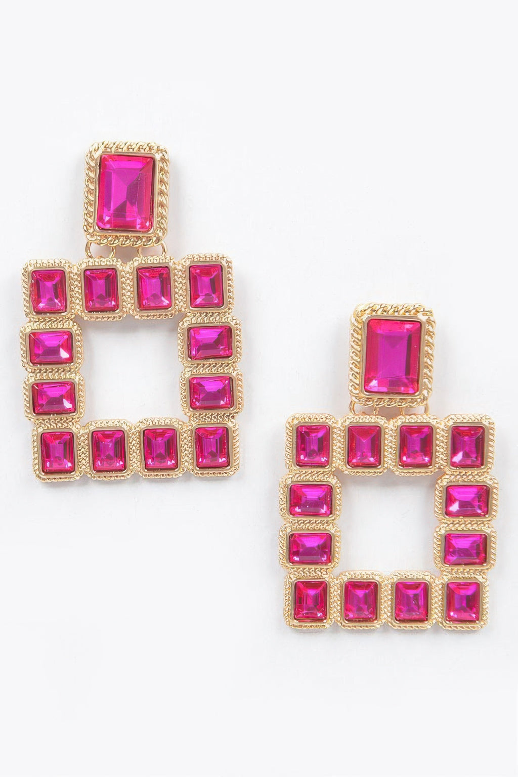 Multi Square Gemstone Earrings, gold-tone frame with bright pink square stones