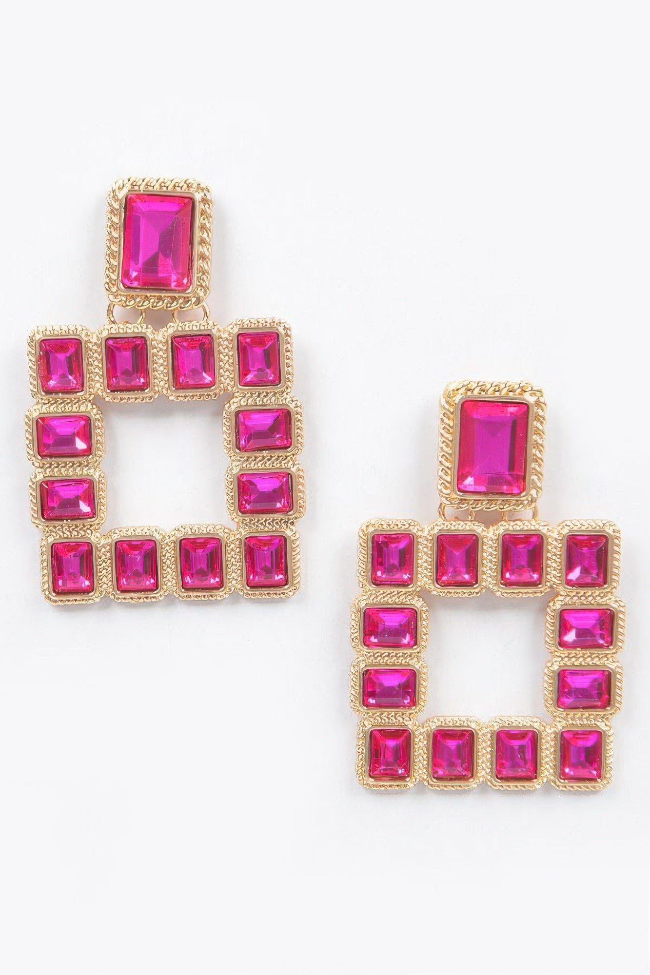 Multi Square Gemstone Earrings, gold-tone frame with bright pink square stones