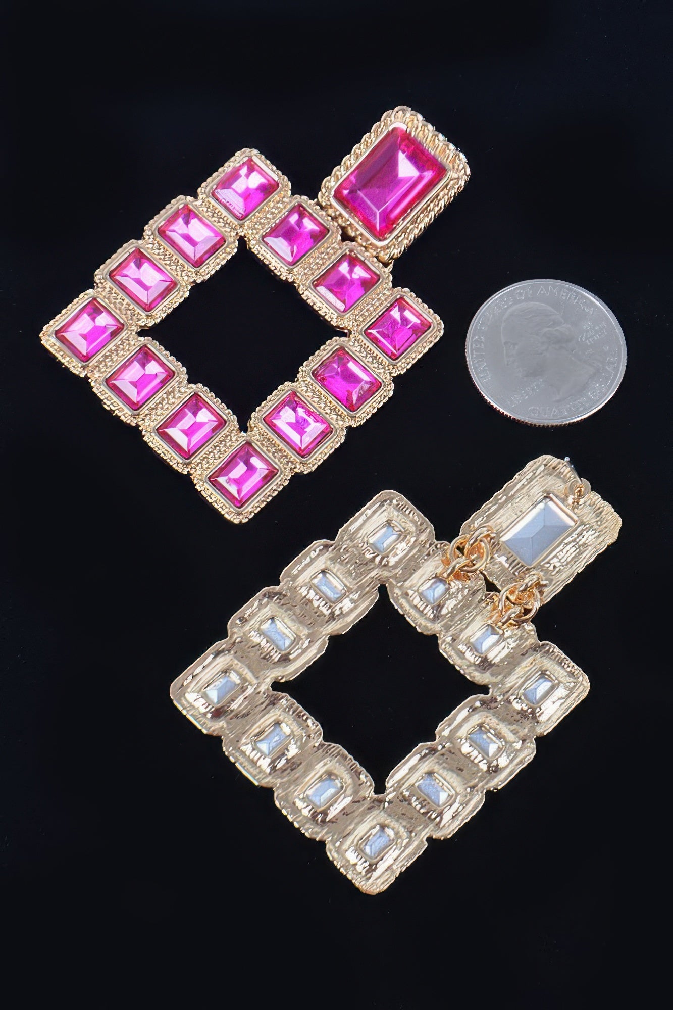 Multi Square Gemstone Earrings, pink square stones on gold-tone and silver-tone backs