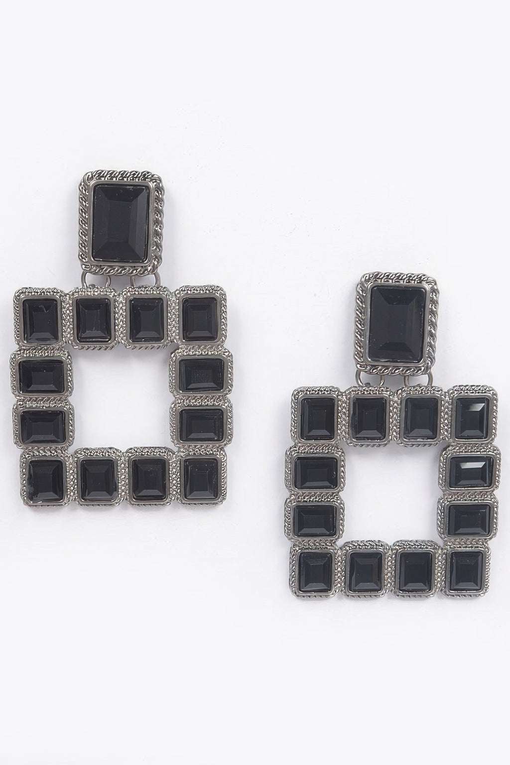 Multi Square Gemstone Earrings, silver-tone frame with black square stones