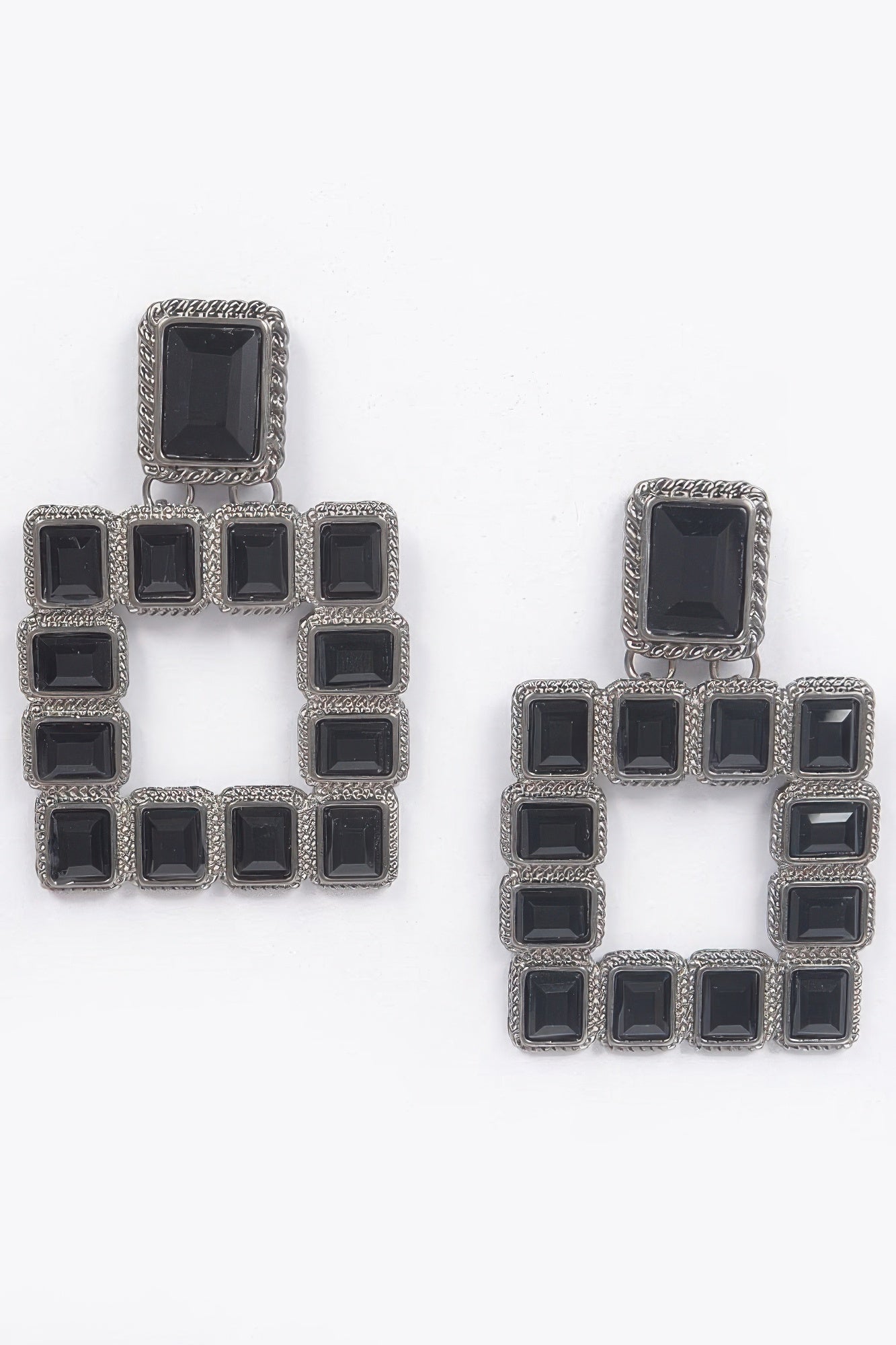 Multi Square Gemstone Earrings, silver-tone frame with black square stones