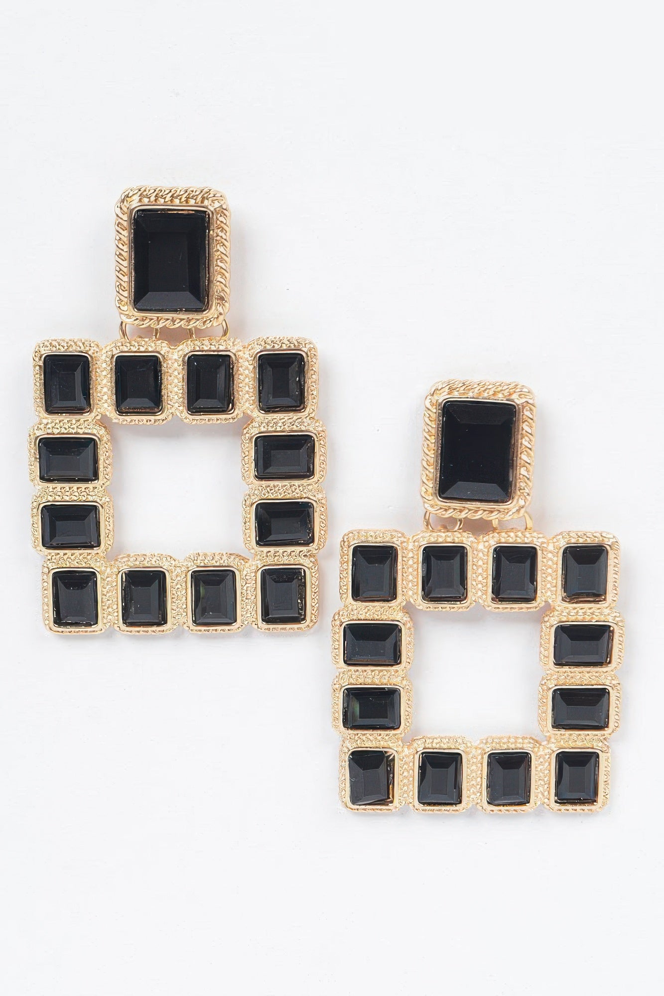Multi Square Gemstone Earrings, gold-tone frame with black square stones