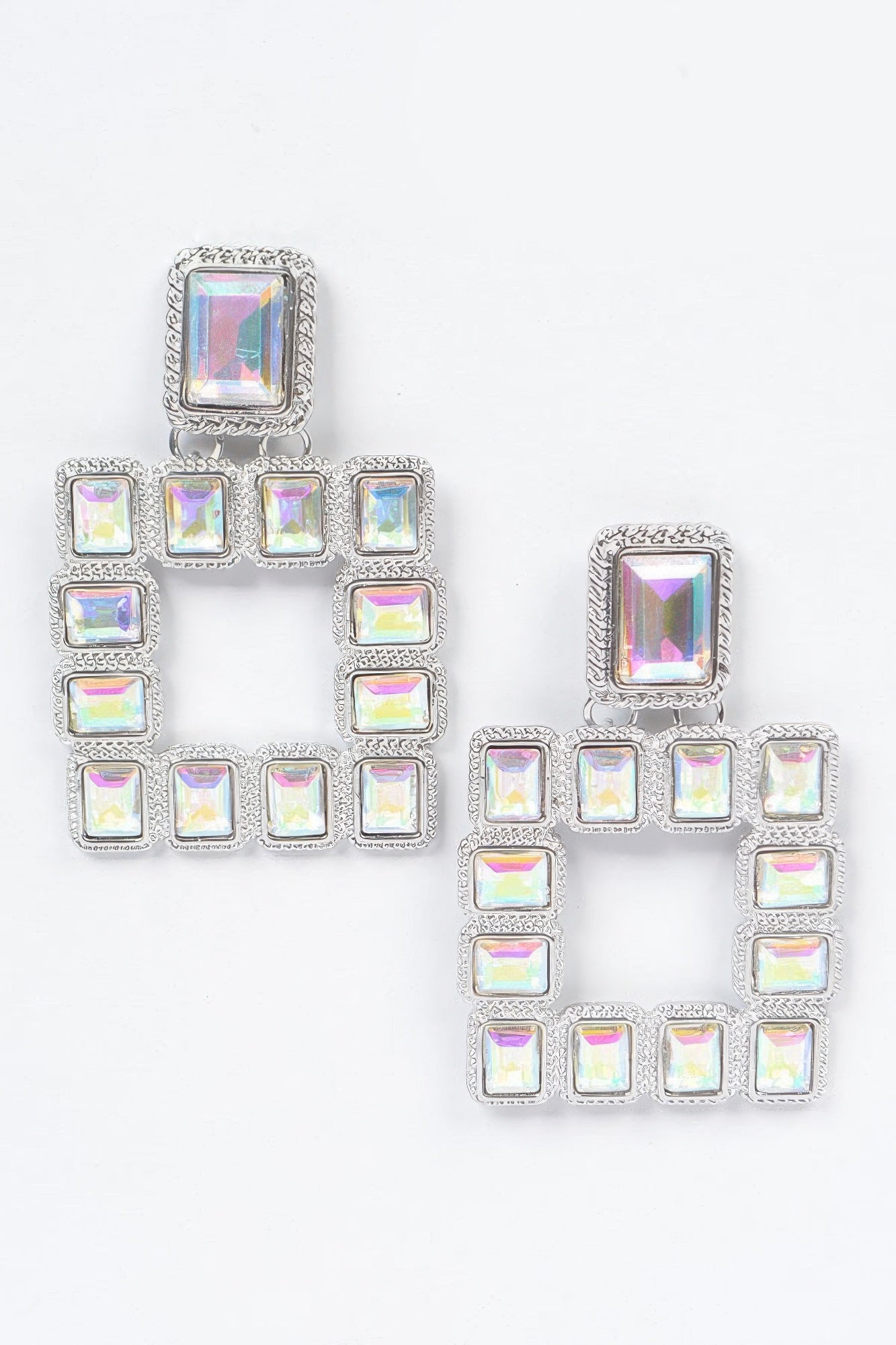 Multi Square Gemstone Earrings, silver-tone frame with iridescent square stones