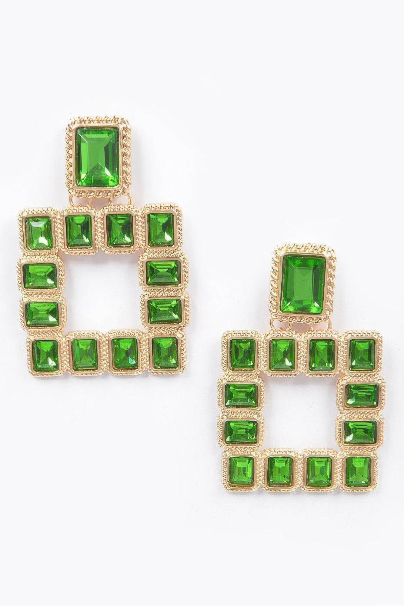 Multi Square Gemstone Earrings, gold-tone frame with vivid green square stones