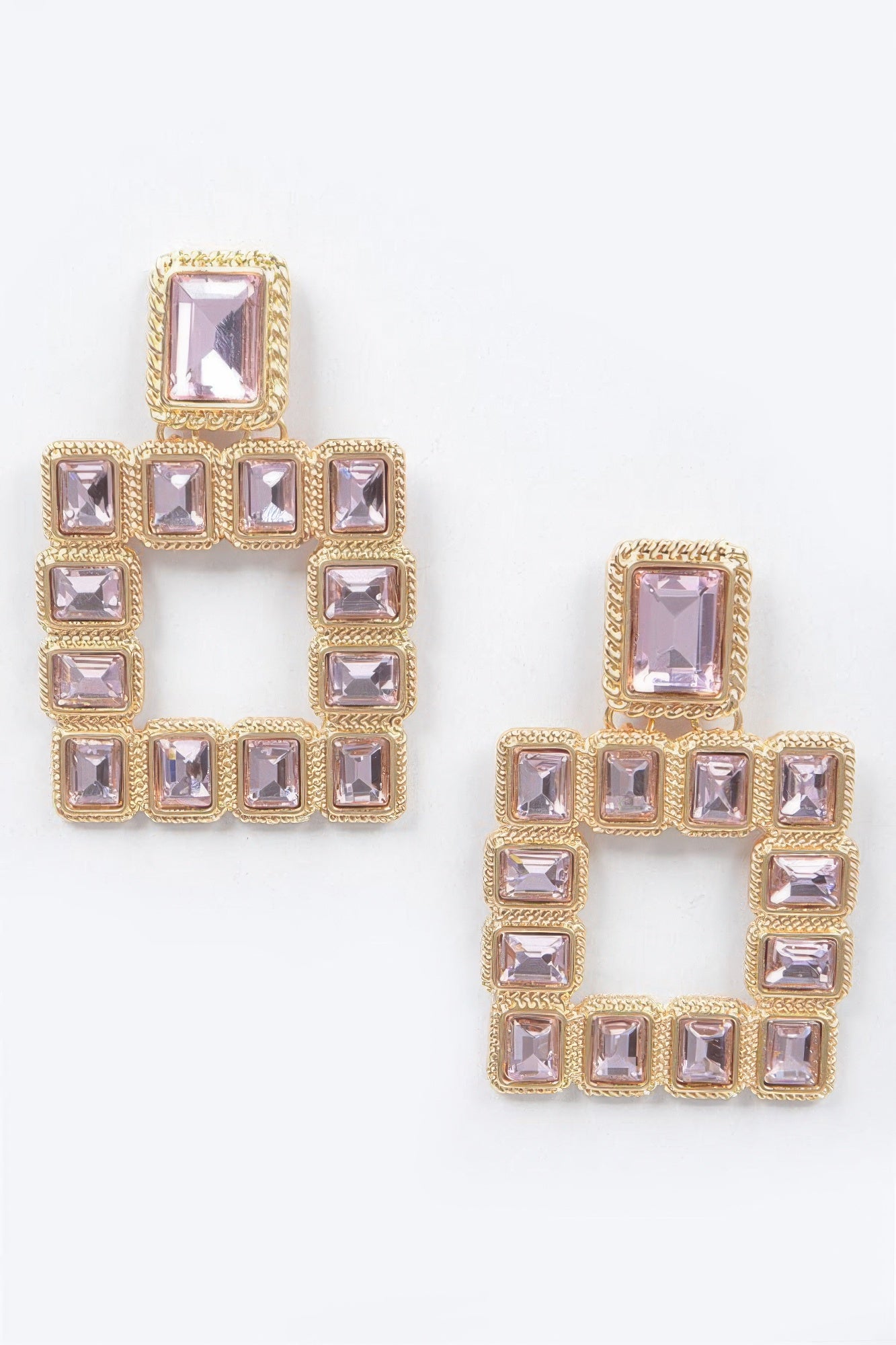 Multi square gemstone earrings with gold-tone frames and purple square stones