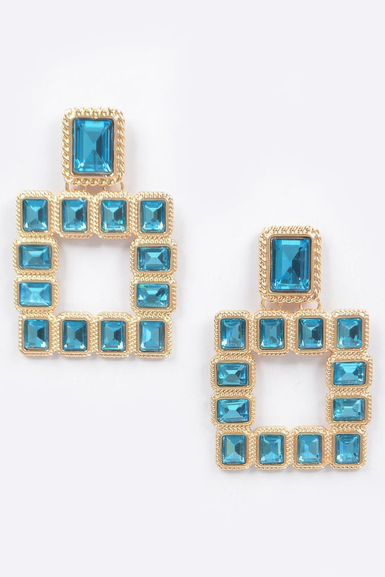Multi square gemstone earrings with gold-tone frames and turquoise-blue square stones