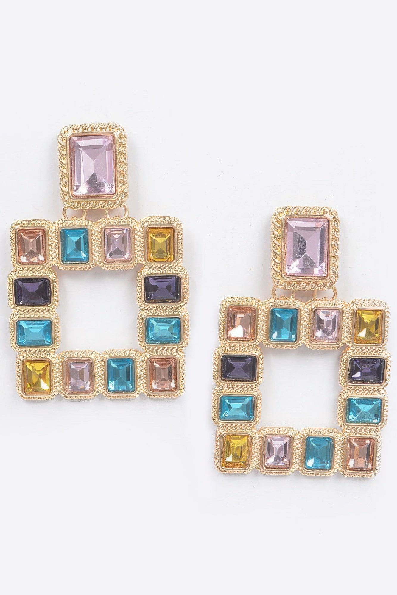 Multi square gemstone earrings with gold-tone frames and mixed pastel square stones