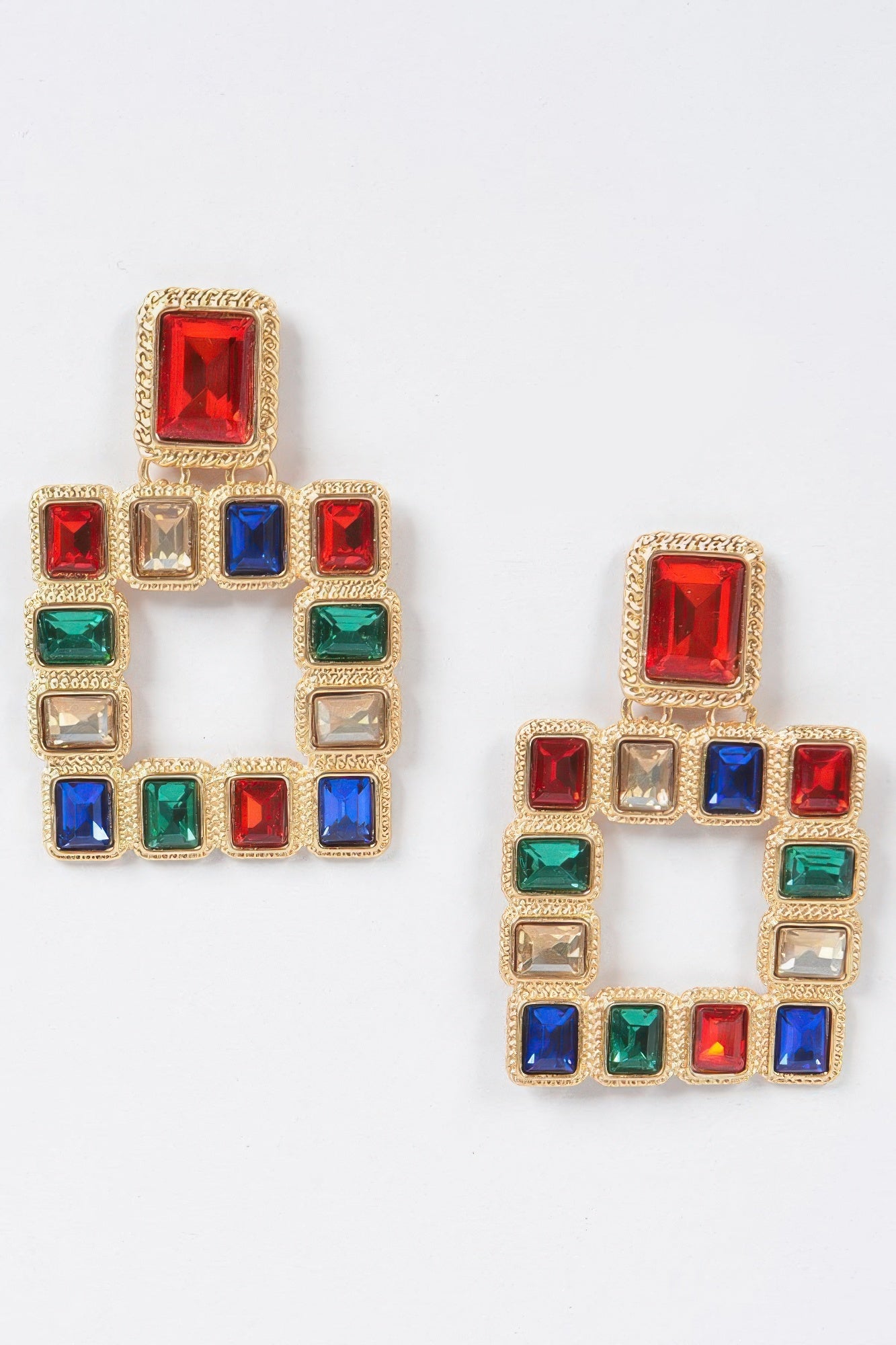 Multi square gemstone earrings with gold-tone frames and red, blue, green, clear stones