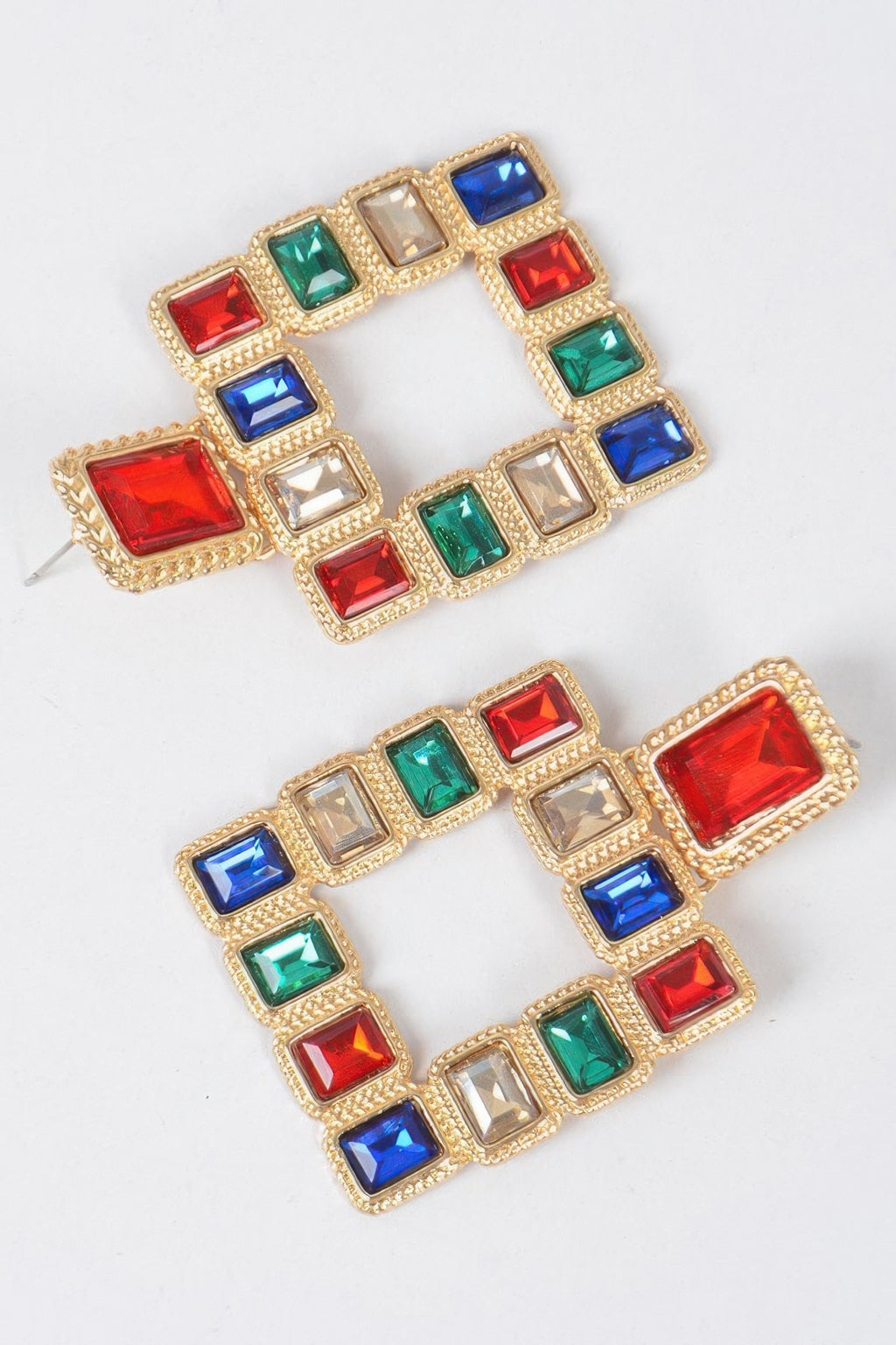 Multi square gemstone earrings with gold-tone frames and red, blue, green, clear stones