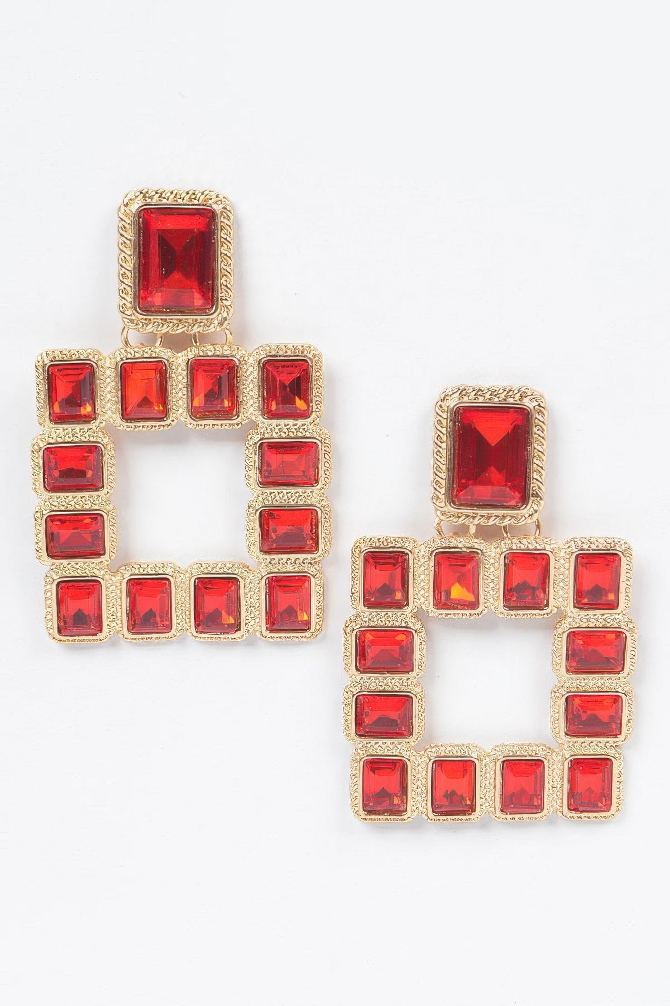 Multi square gemstone earrings with gold-tone frames and red square gemstones