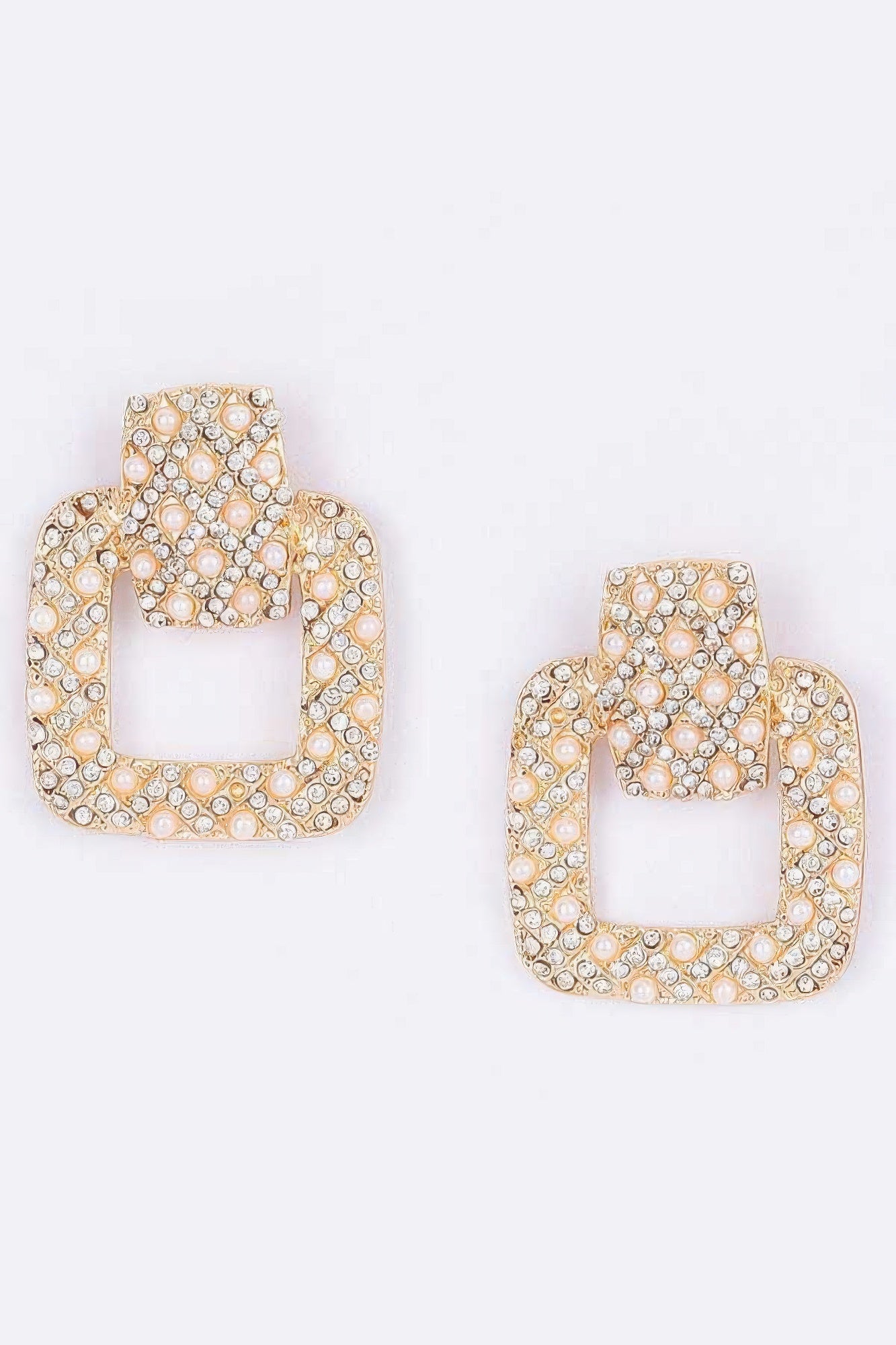 Gold rectangle link dangle earrings with faux pearls and rhinestone pavé