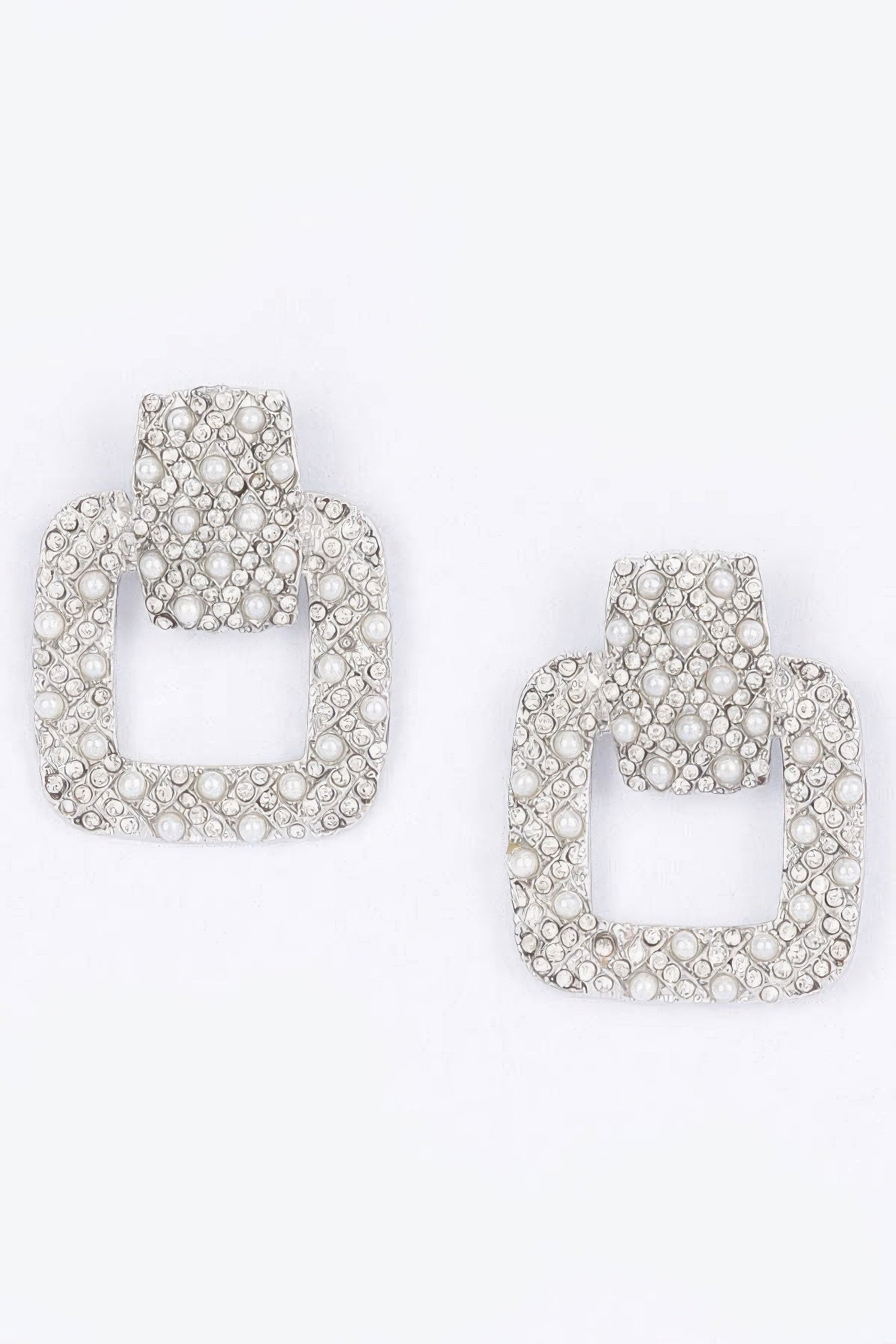 Silver rectangle link dangle earrings with faux pearls and rhinestone pavé