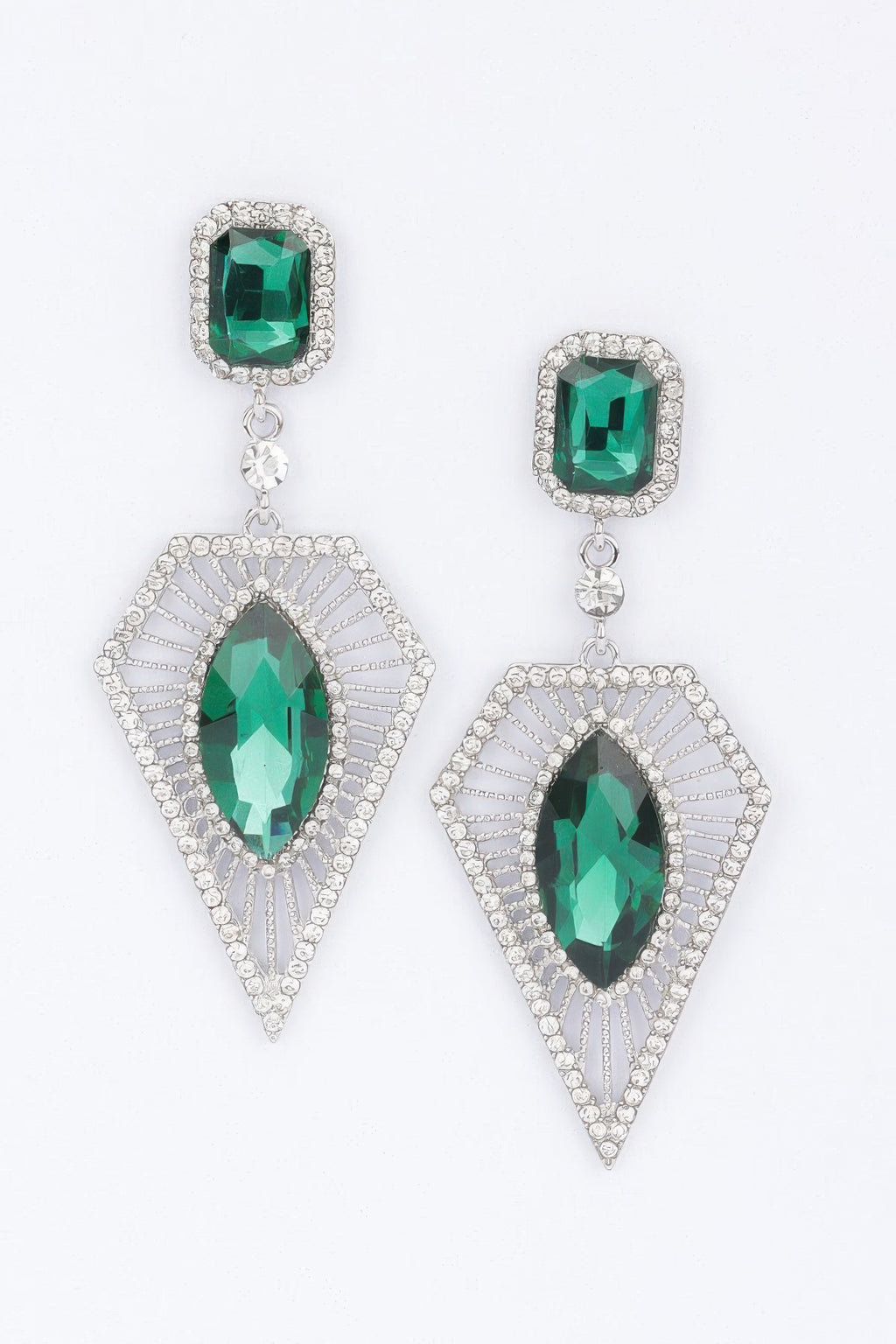 Rhinestone earrings in green with teardrop stones and silver-tone pavé frames