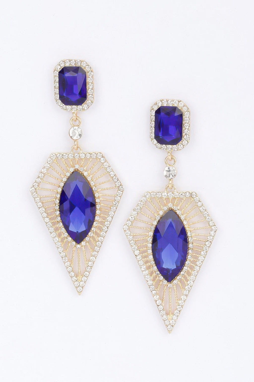 Purple rhinestone earrings with deep cobalt stones and triangular drop settings
