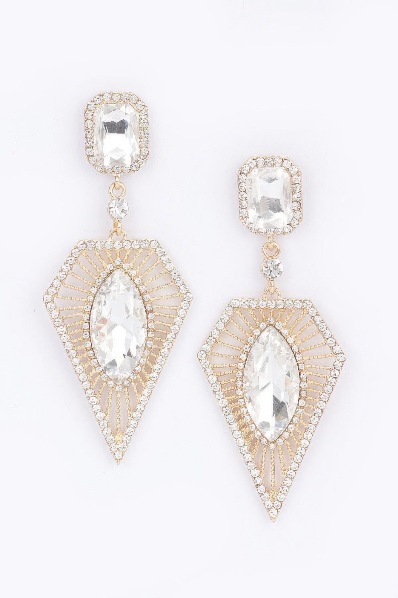 Clear rhinestone earrings with faceted crystal stones and teardrop drop frames