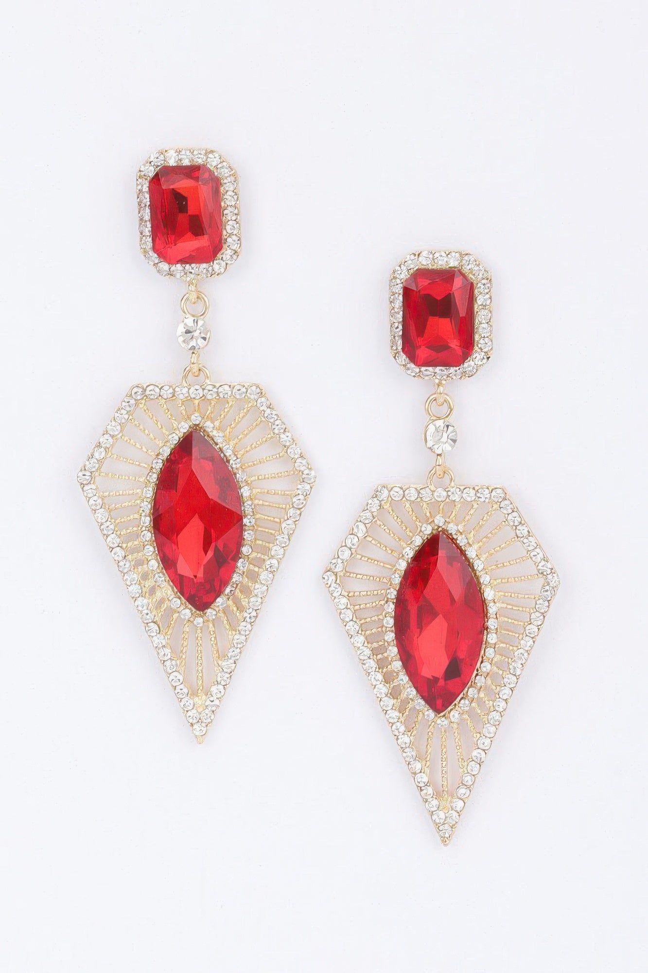 Red rhinestone earrings with square studs and elongated marquise red crystal drops