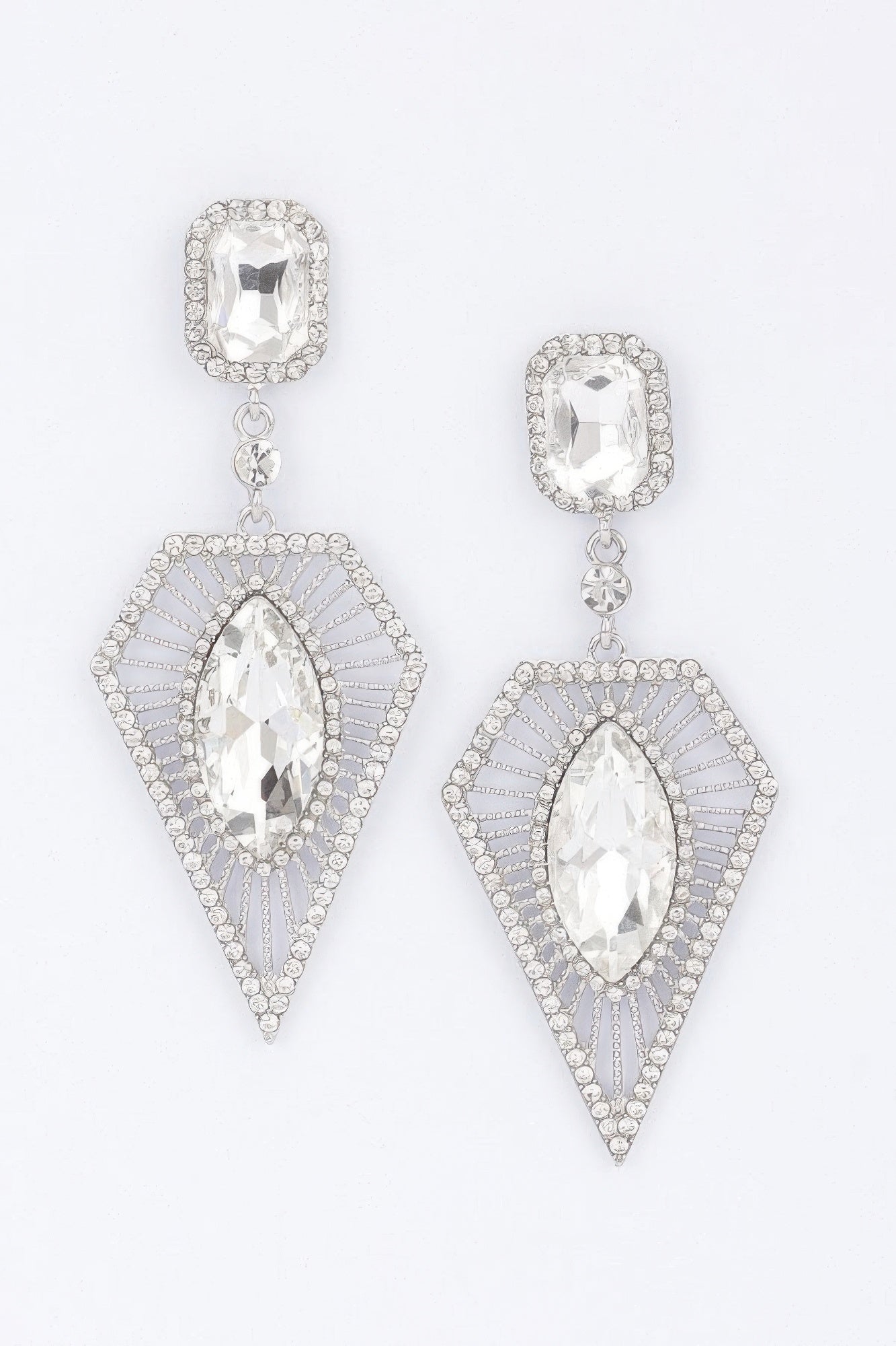Clear rhinestone earrings with white crystal marquise stones and triangular pavé drops