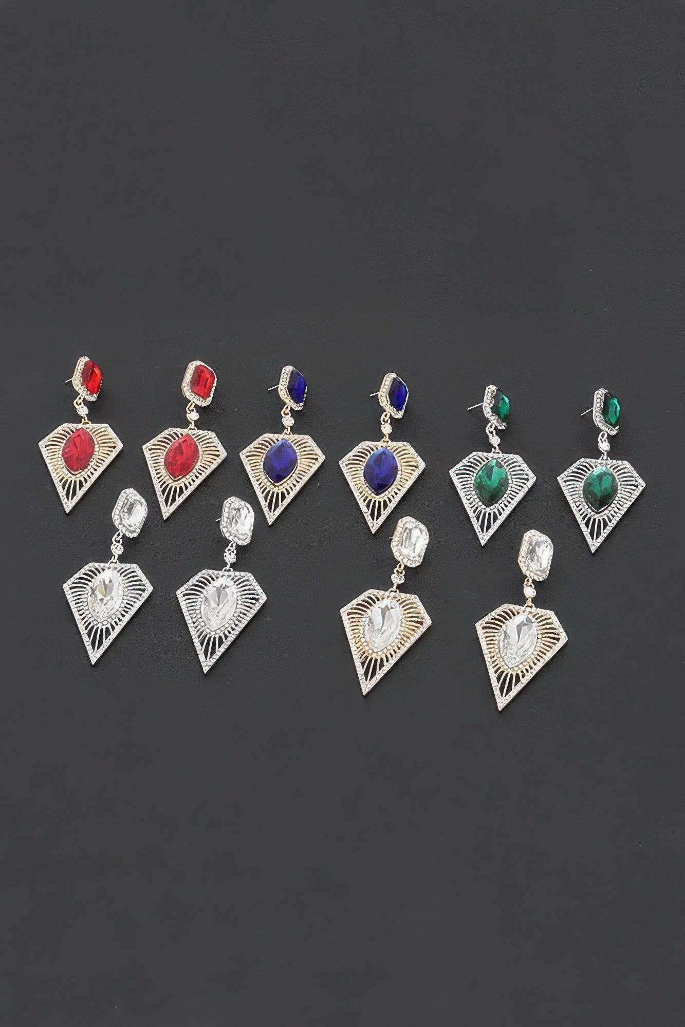 Rhinestone earrings assortment with red, blue, green, and clear stones in teardrop shapes