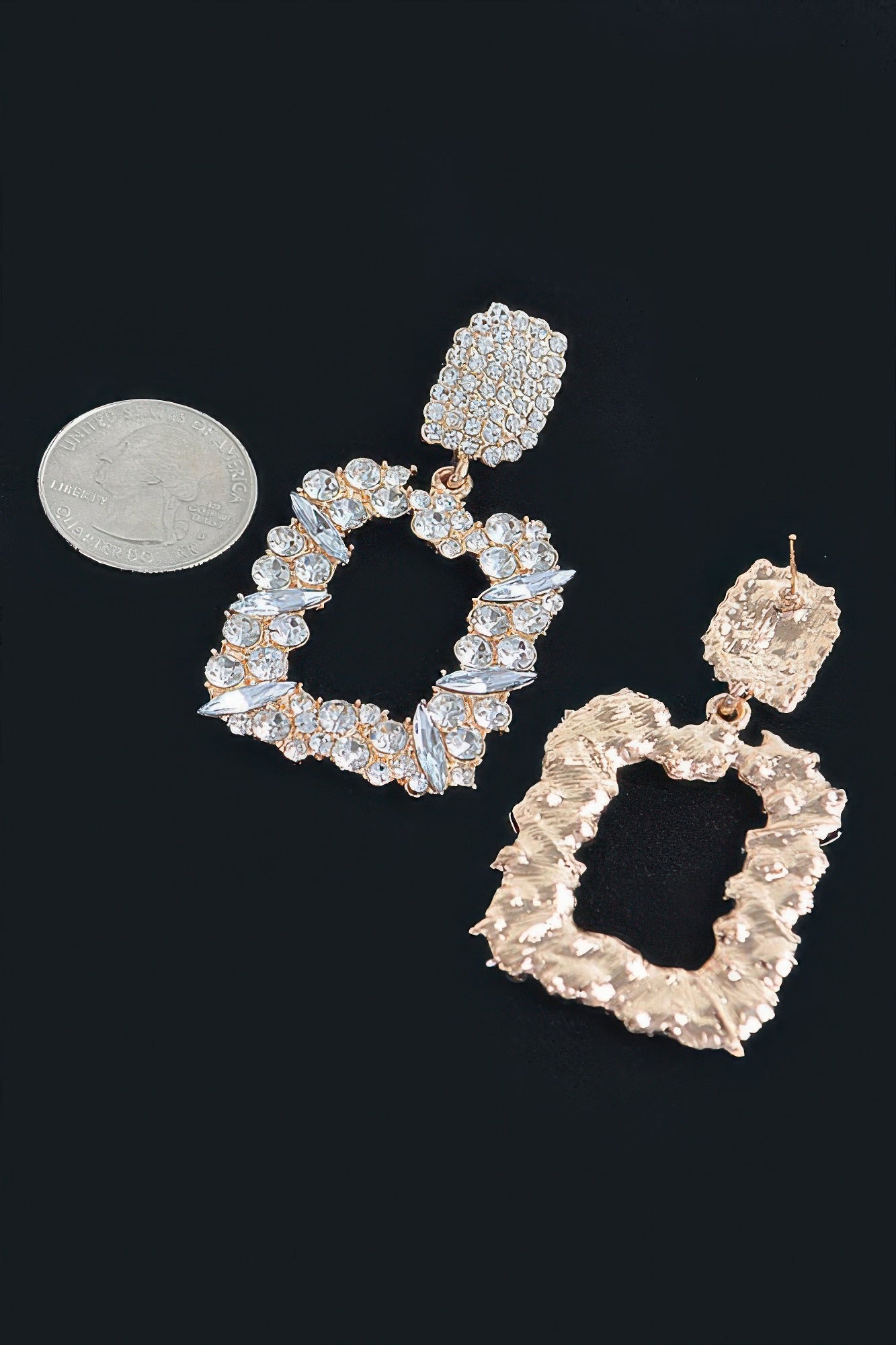 Gold rhinestone drop earrings: square tops with open hoop and petal-shaped stones
