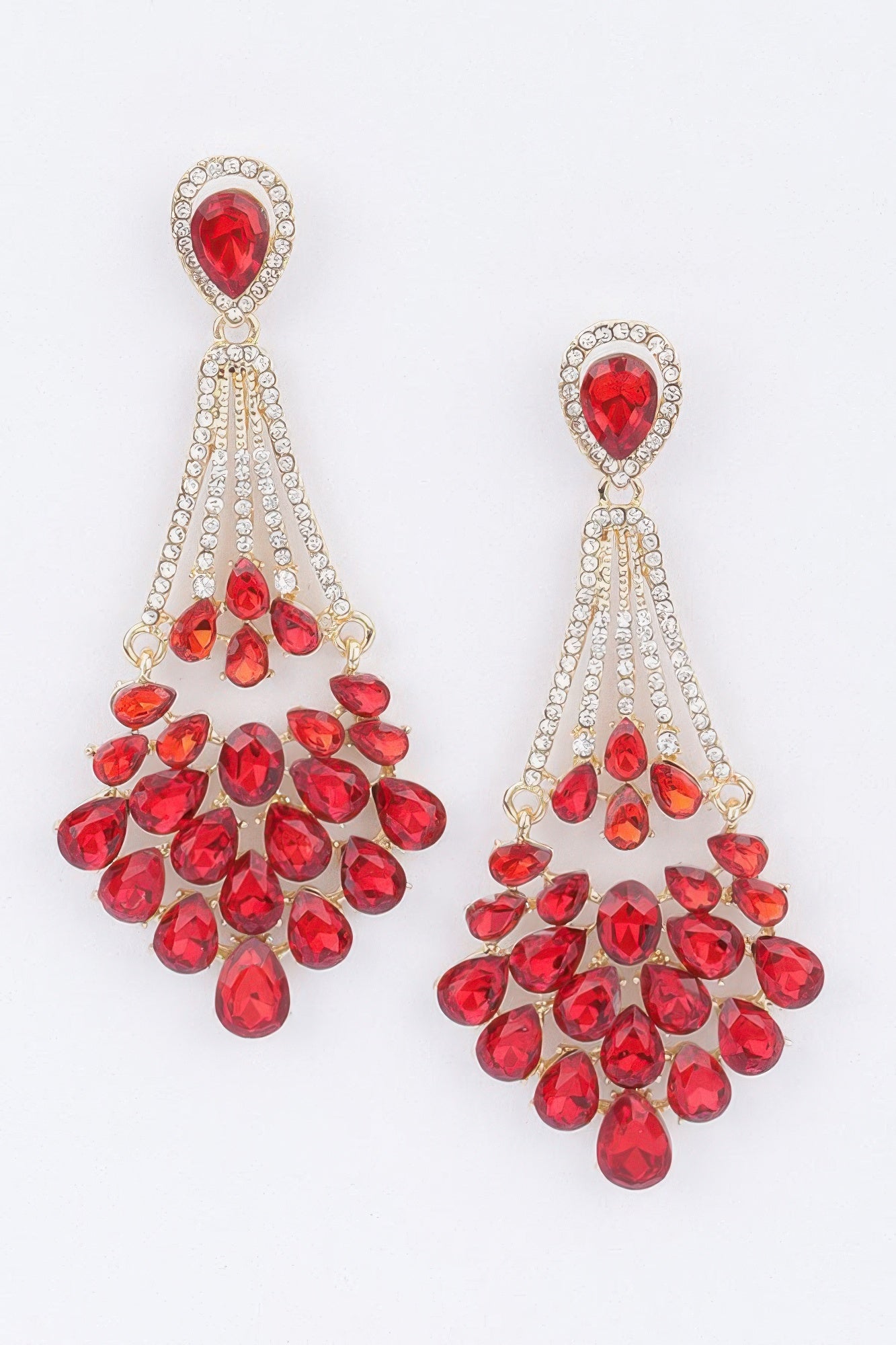 Rhinestone earrings, red teardrop stone dangle with silver-toned pavé tassels