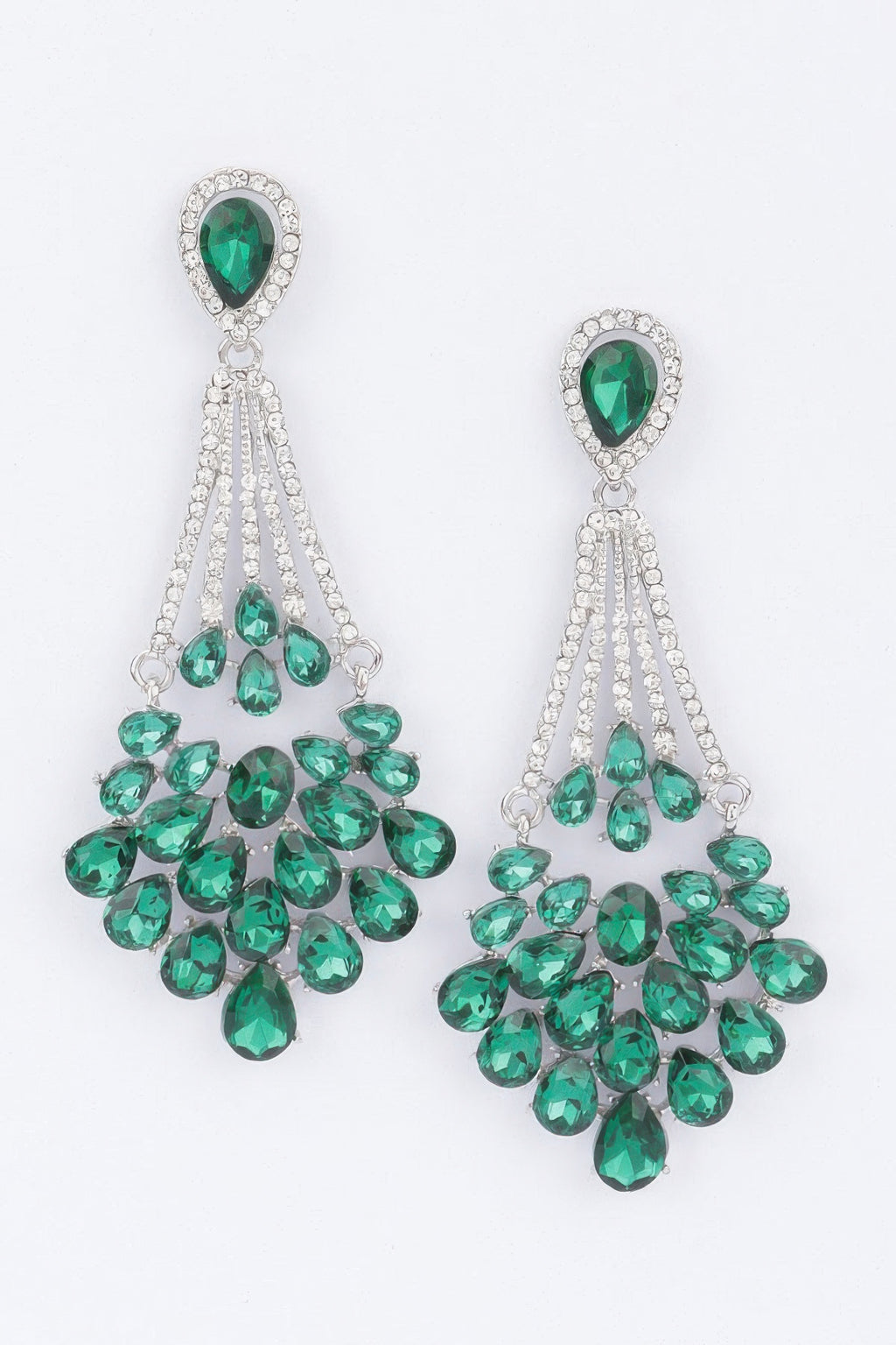 Rhinestone earrings, green teardrop stone dangle with silver-toned pavé frames