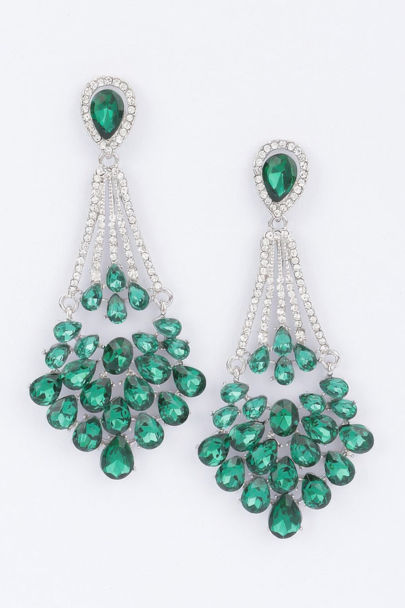 Rhinestone earrings, green teardrop stone dangle with silver-toned pavé frames