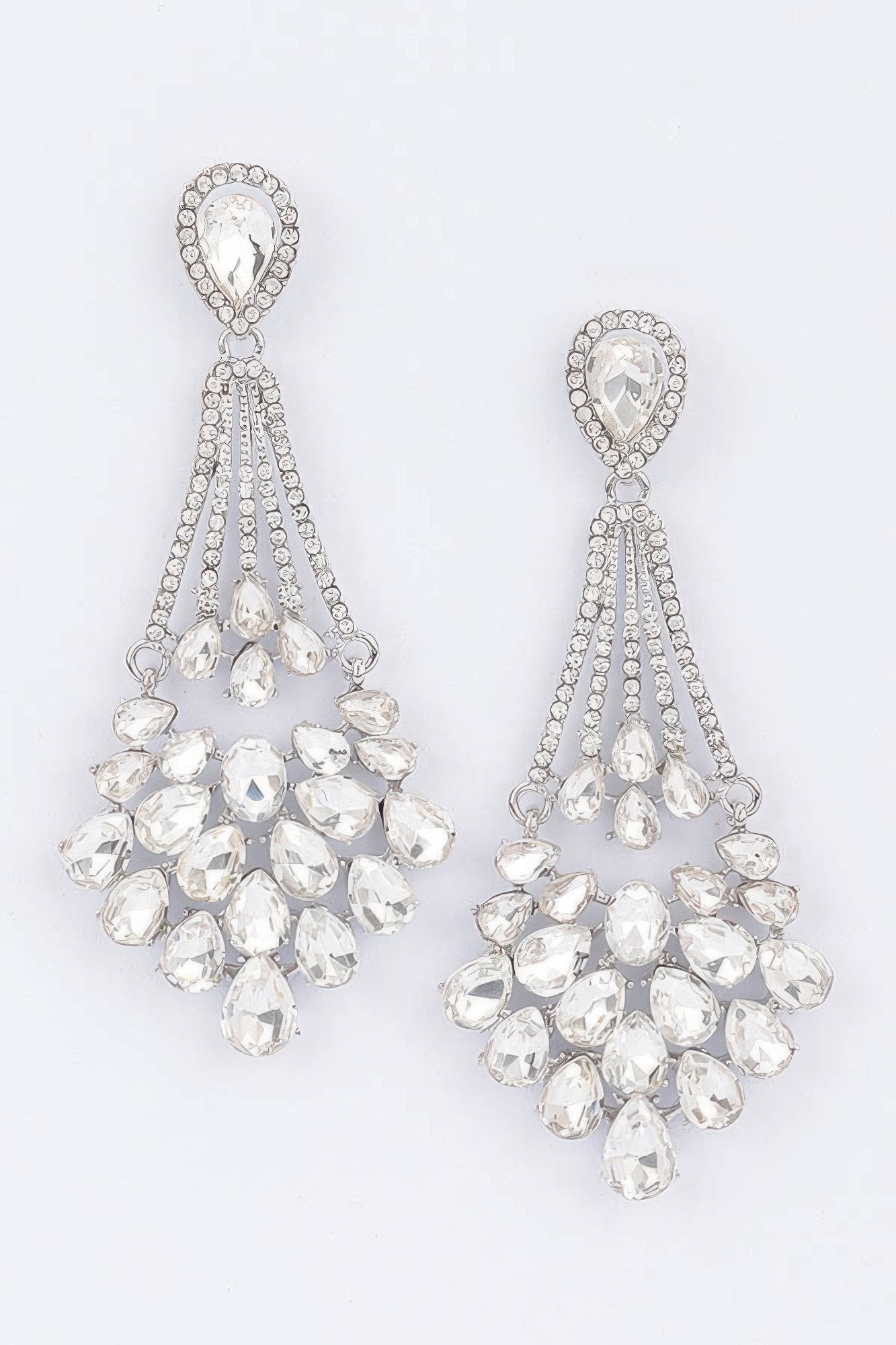 Rhinestone earrings, clear teardrop dangle with chandelier-style rhinestone fringe