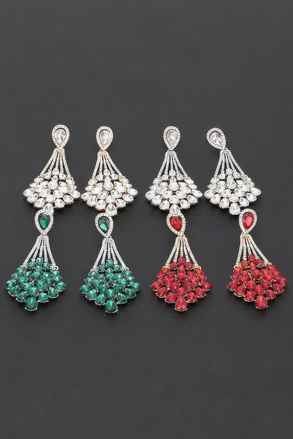Rhinestone earrings, green and red drop tassels with teardrop stones