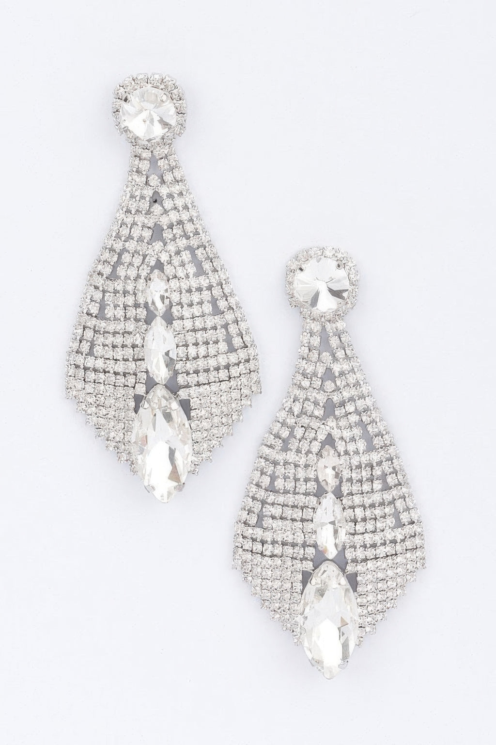 Silver-tone rhinestone drop earrings with clear oval stones and mesh fringe