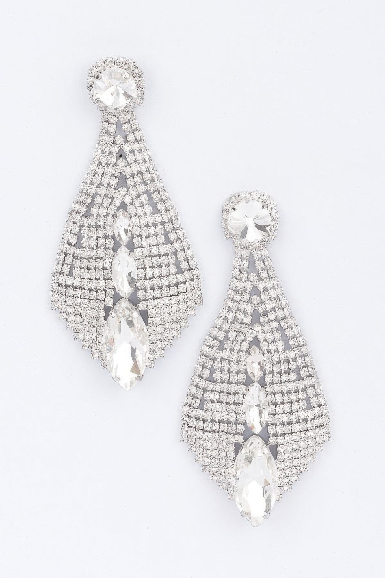 Silver-tone rhinestone drop earrings with clear oval stones and mesh fringe