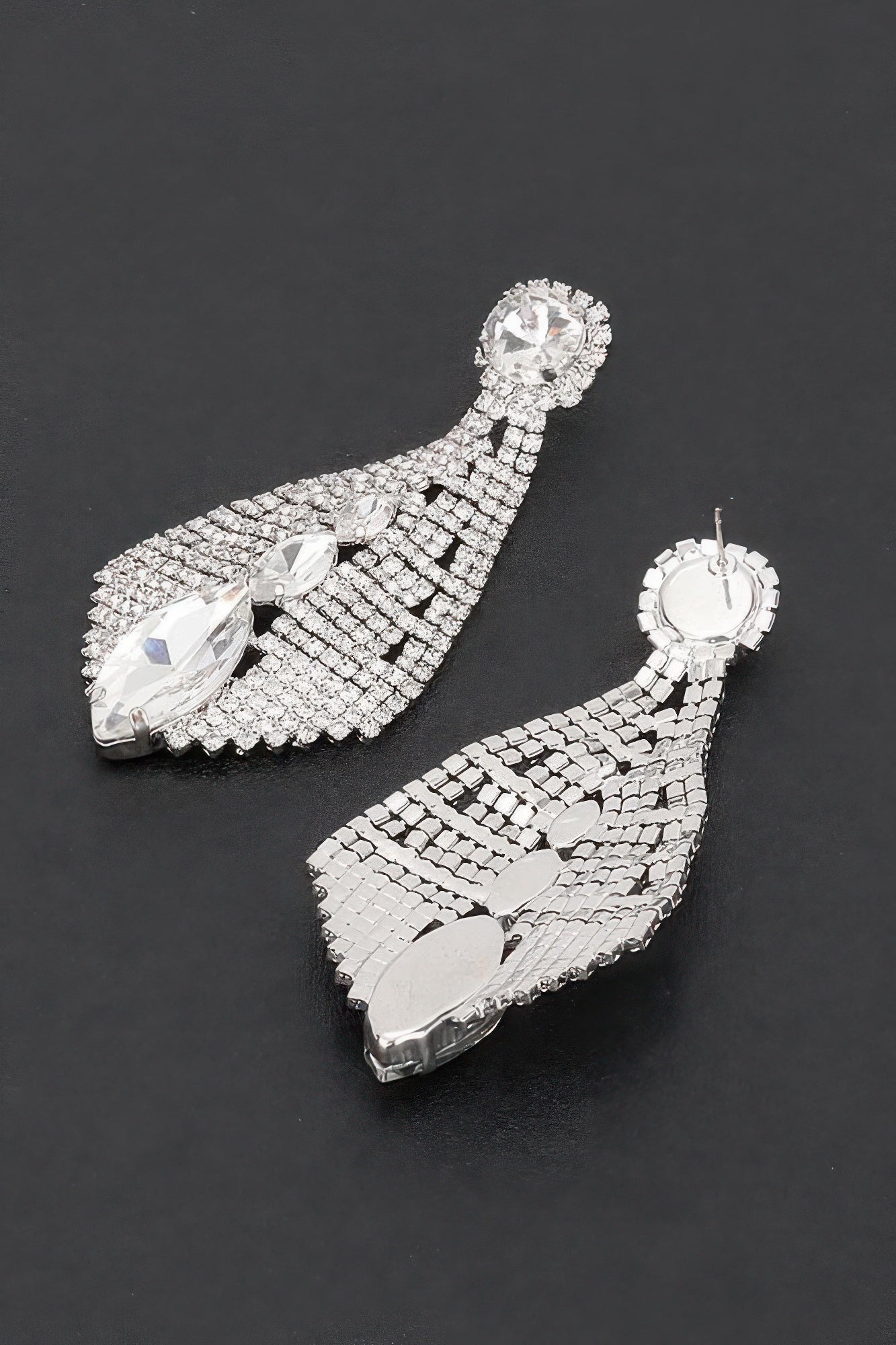 Rhinestone drop earrings with large clear center stones on silver-tone mesh