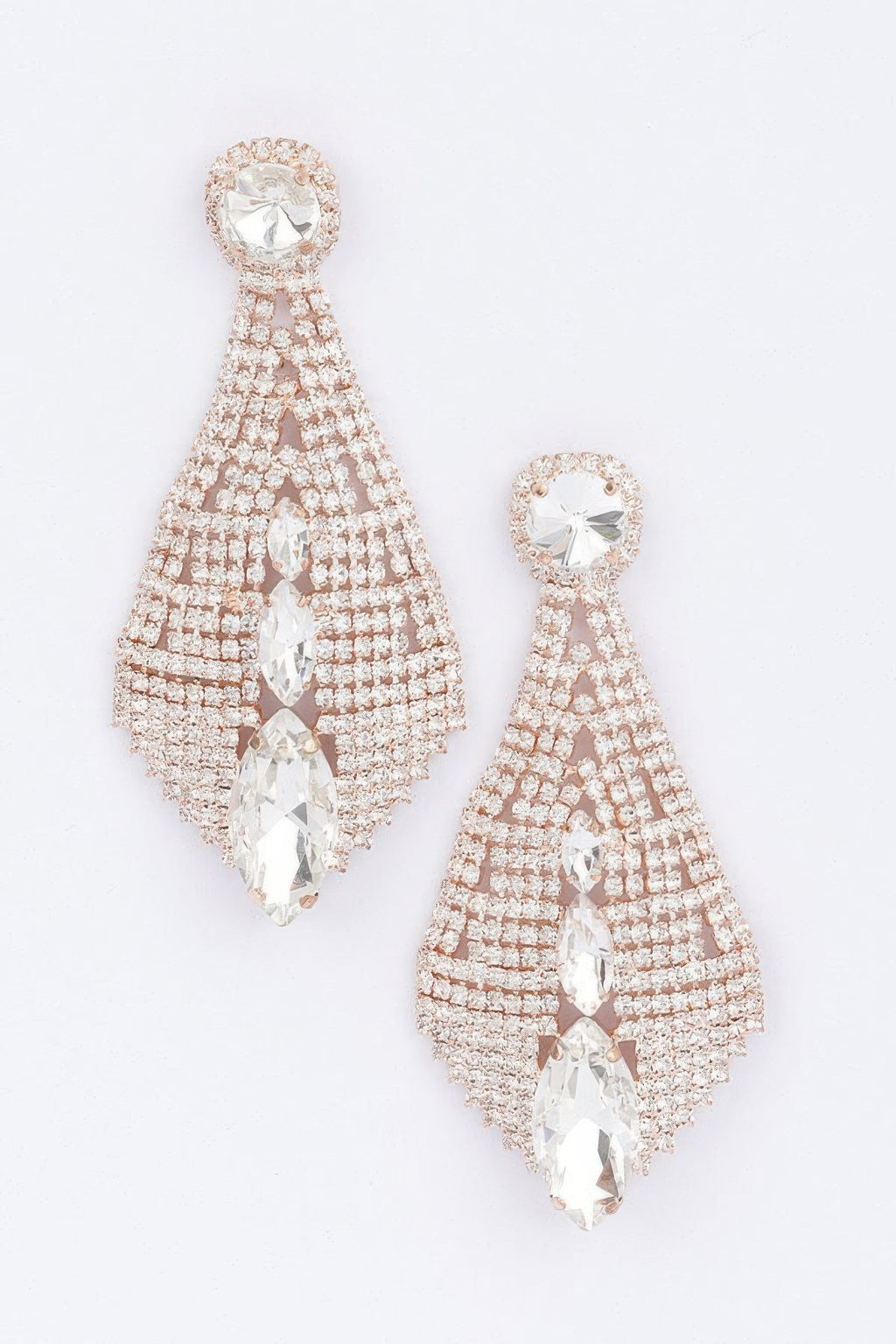 Gold-tone rhinestone drop earrings with clear oval stones and mesh fringe