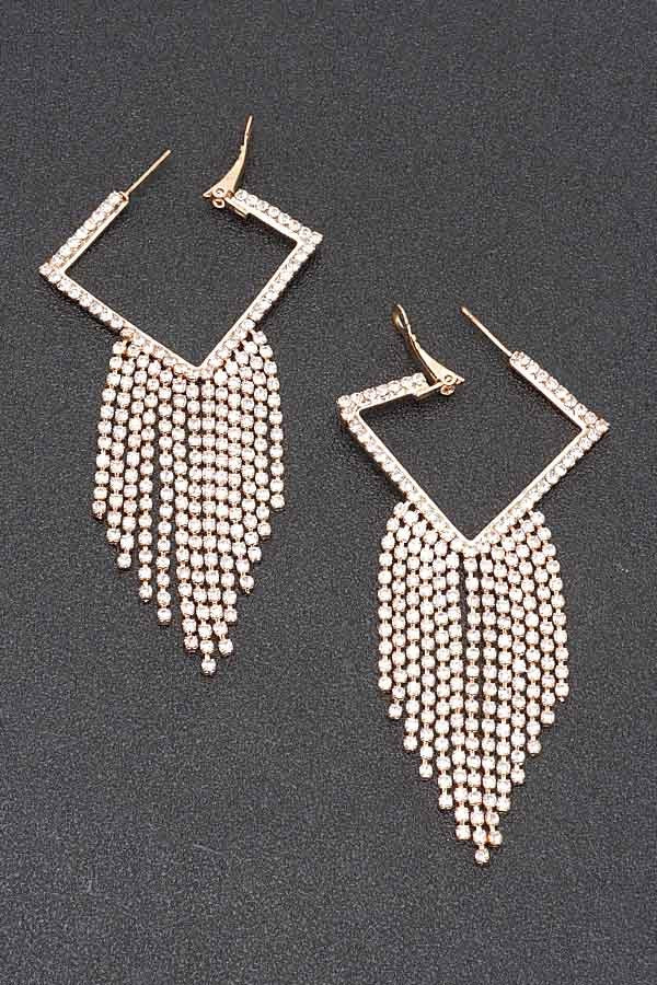 Gold-tone rhinestone geometric hoop earrings with dangling bead fringe