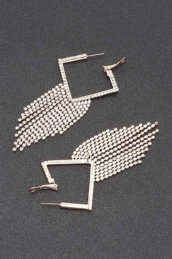 Gold-tone rhinestone geometric earrings: square outline with dangling bead strands