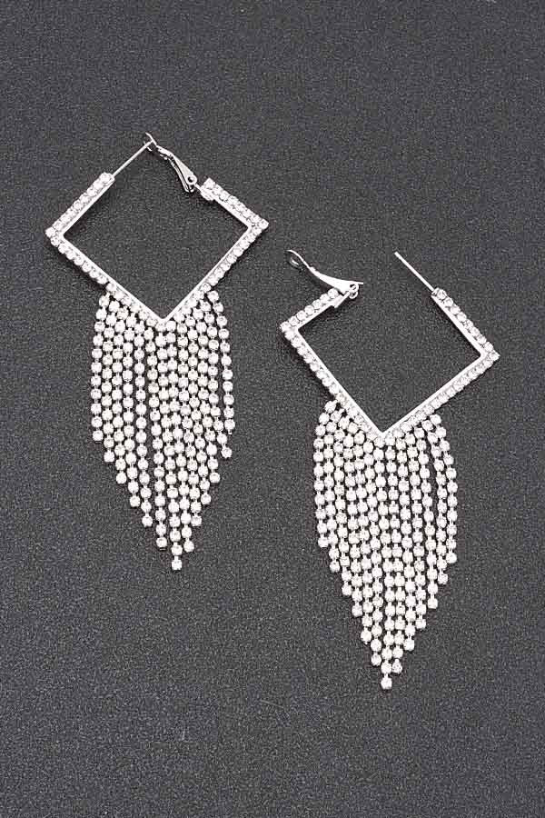 Silver-tone rhinestone geometric hoop with long bead fringe