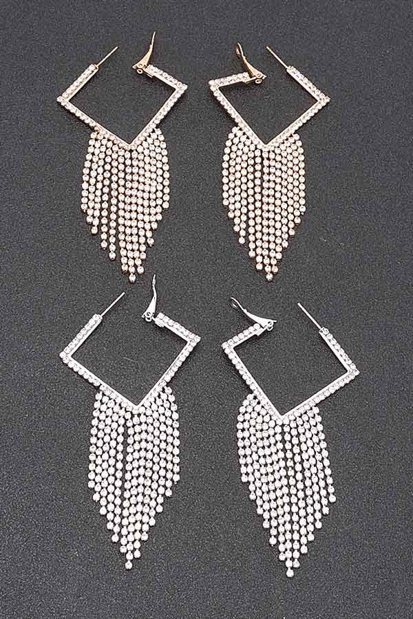 Rhinestone geometric drop earrings, gold- and silver-tone styles with bead fringe