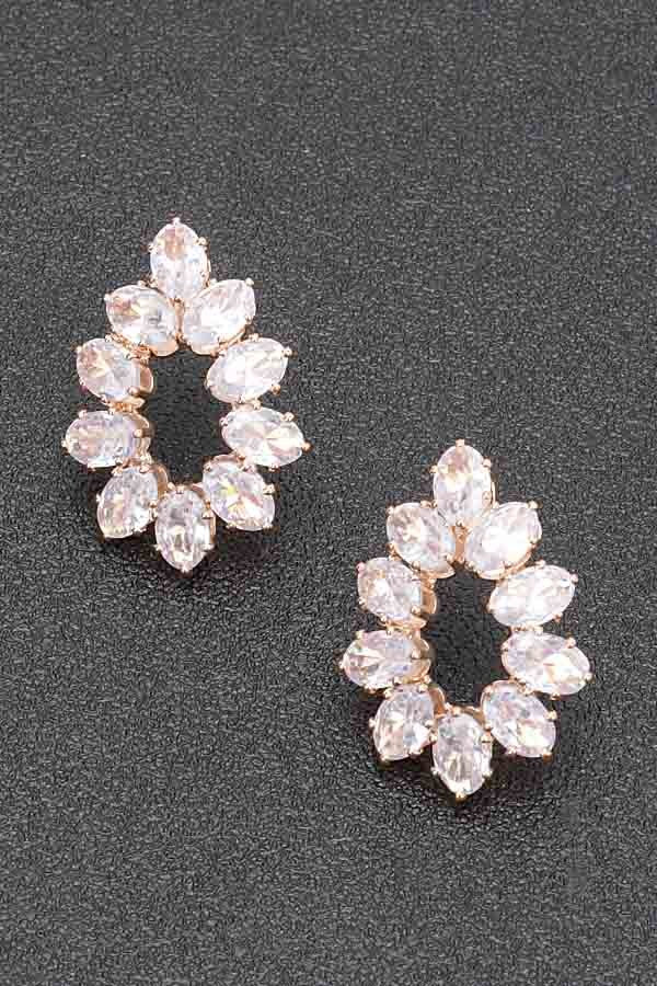 Gold-tone rhinestone hoop earrings with oval clear stones, clustered wreath design.