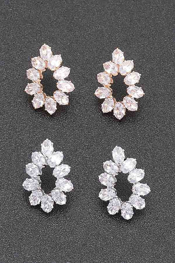 Rhinestone hoop earrings set: gold-tone (top) and silver-tone (bottom) oval clear stones.
