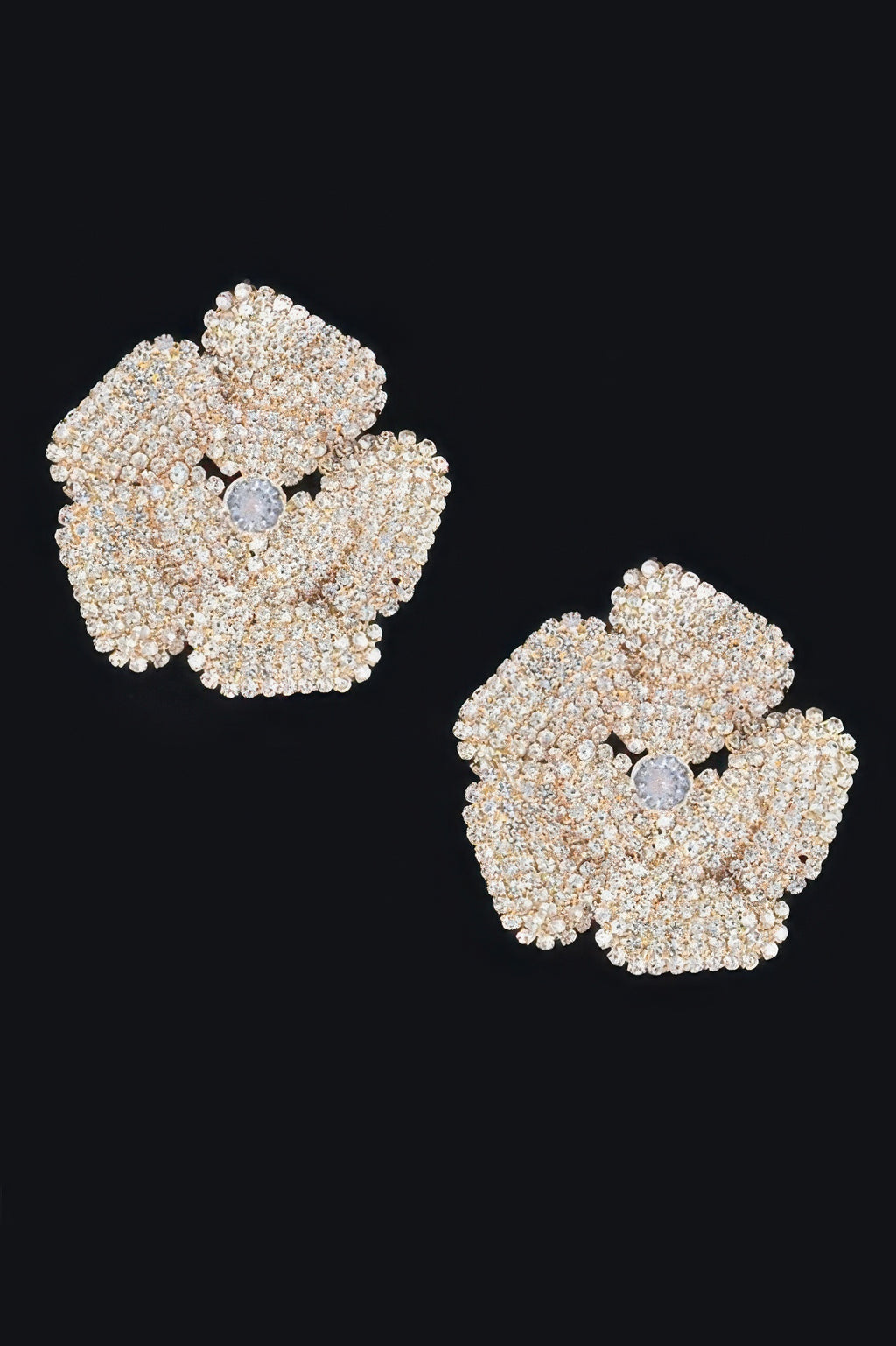 Rhinestone flower stud earrings, gold-tone with light blue center stones