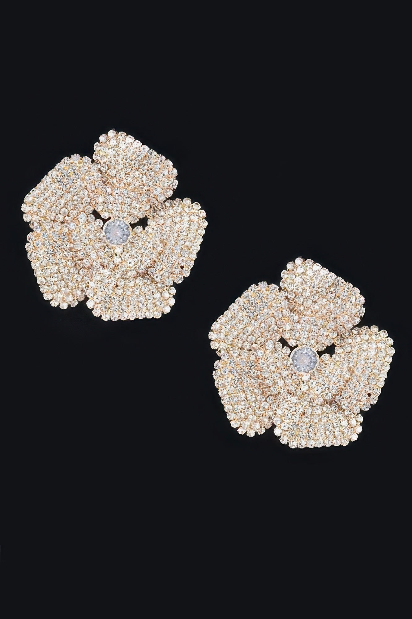 Rhinestone flower stud earrings, gold-tone with light blue center stones