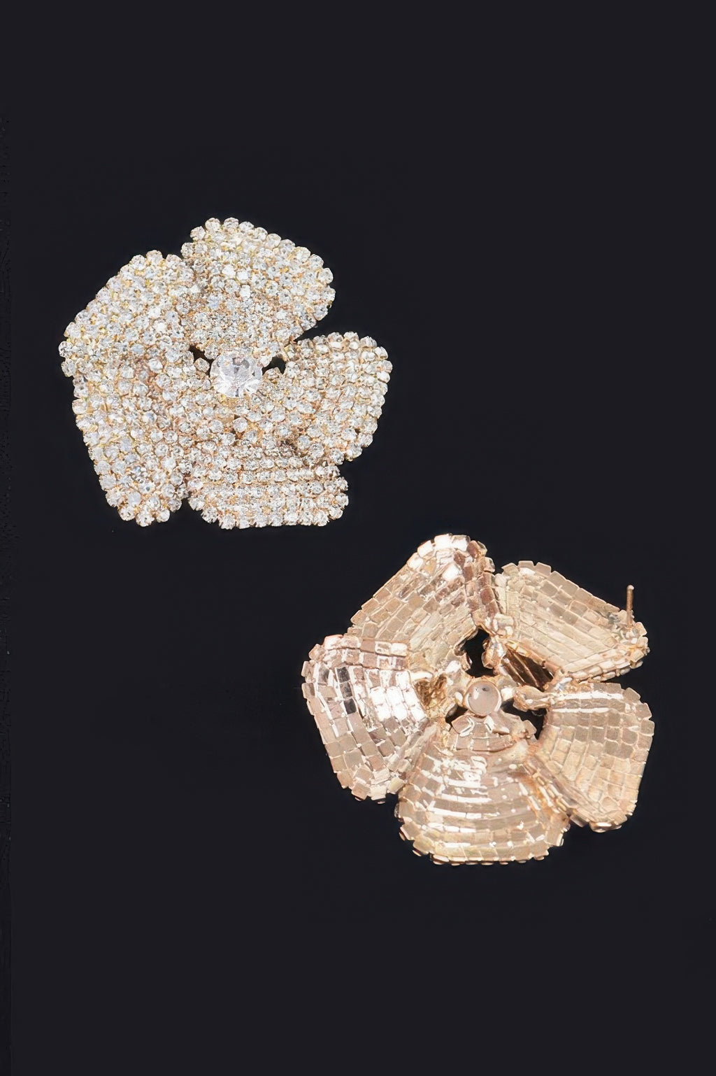 Rhinestone flower stud earrings in rose-gold tone with light center stone