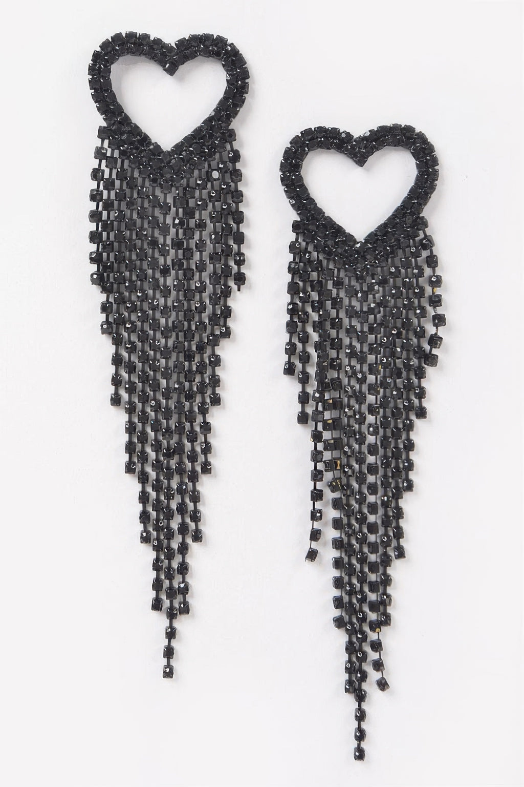 Black rhinestone heart fringe earrings with faceted bead strands and long tassels