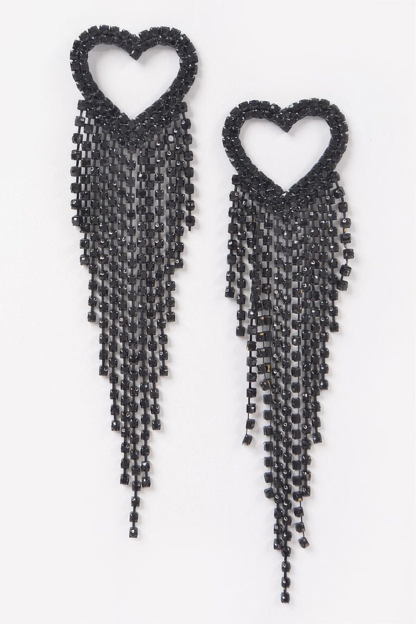 Black rhinestone heart fringe earrings with faceted bead strands and long tassels