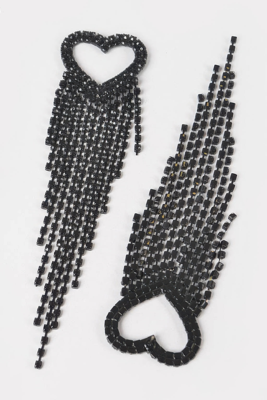 Black rhinestone heart fringe earrings, heart stud top with stacked bead strands